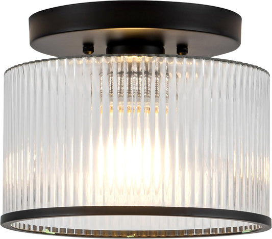 Zlepmlla Glass Ceiling Light, Clear Ribbed Glass Ceiling Light Fixture with Black Metal Frame, Modern Semi Flush Mount Ceiling Light for Hallway, Bedroom, Bathroom, Entryway, Kitchen