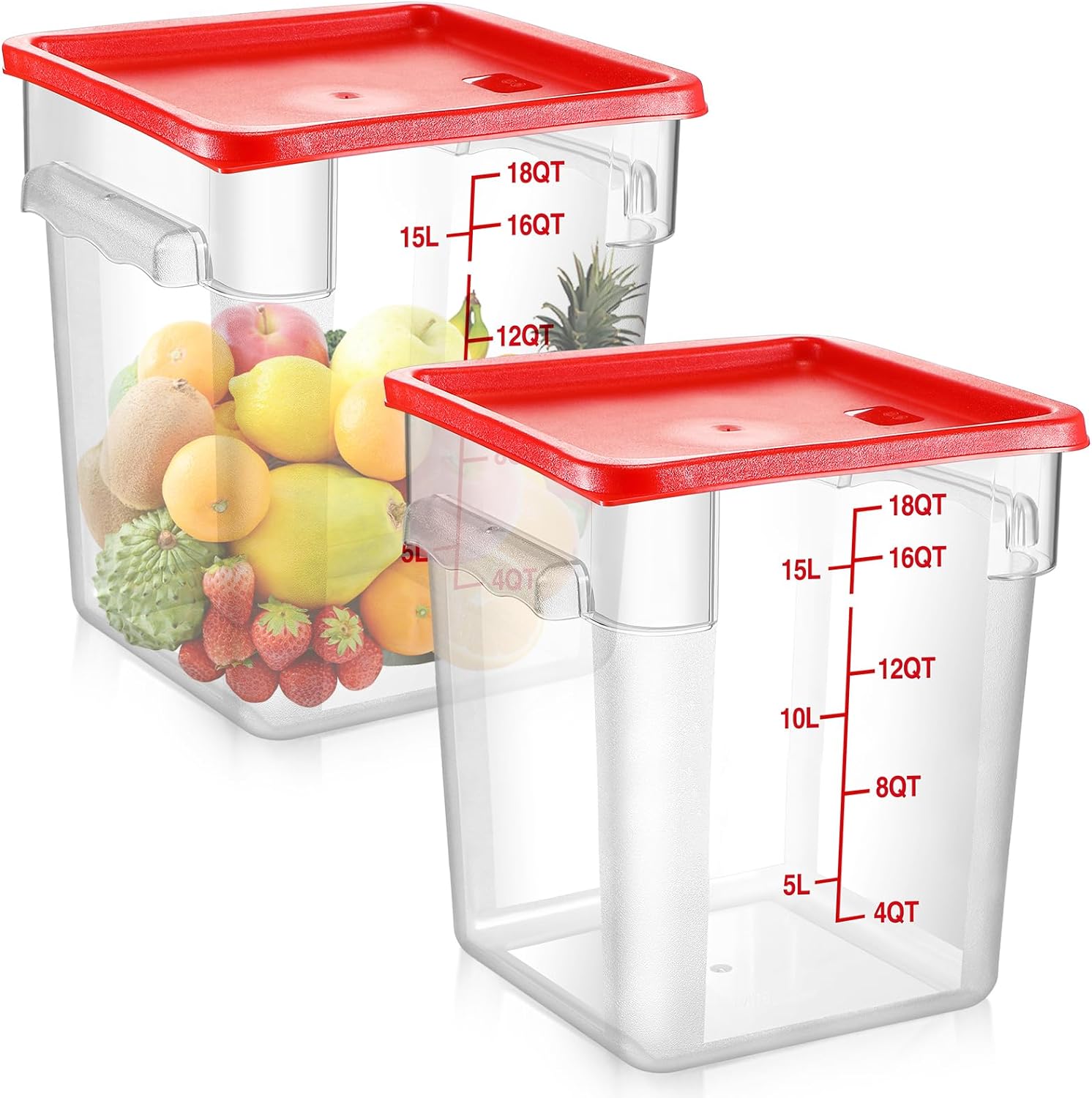 Suclain 2 Pcs Square Food Storage Container Polycarbonate Clear Food Container with Red Lid Commercial Rice Storage with Red Graduations for Commercial Kitchen(8.19 x 11.81 inches)
