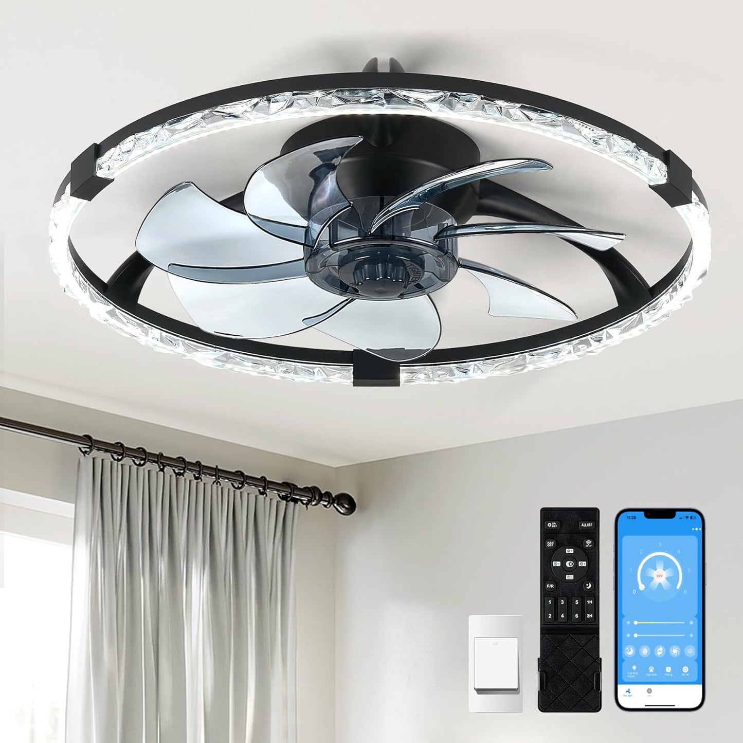 Hordxin Flush Mount Ceiling Fans with Lights and Remote, 19.7'' Ultra Low Profile Ceiling Fan, 3000K-6500K Dimming Modern LED Fan Light, 6 Wind Speeds, Black Fandelier Kitchen Fans Ceiling with Lights