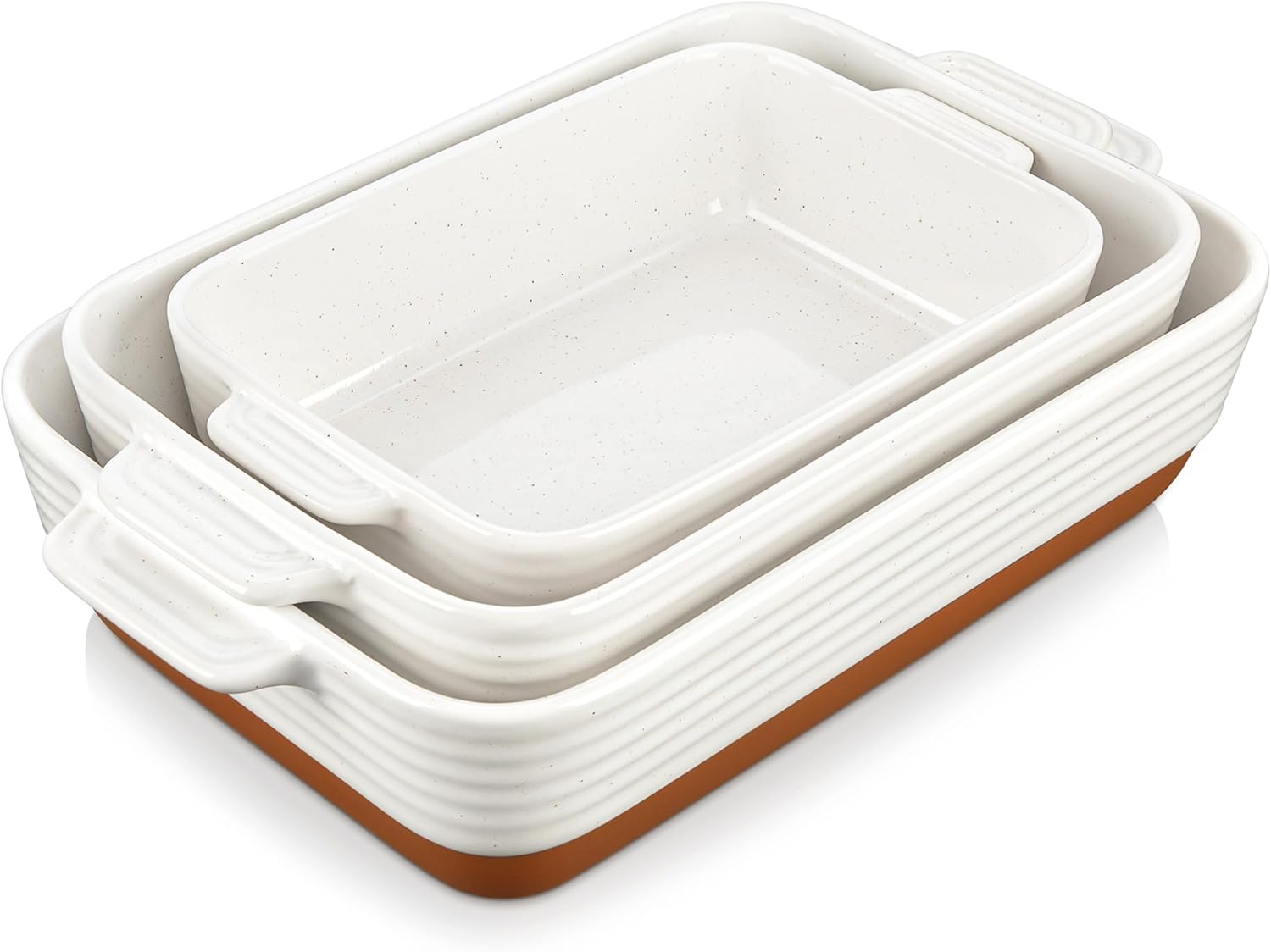 MALACASA Casserole Dishes for Oven, Ceramic Baking Dishes Set of 3, Baking Pan Casserole Dish Set, Rectangular Lasagna Pan Deep with Handles for Baking, Khaki White (14.5''\/13''\/10.5''), Series TARA
