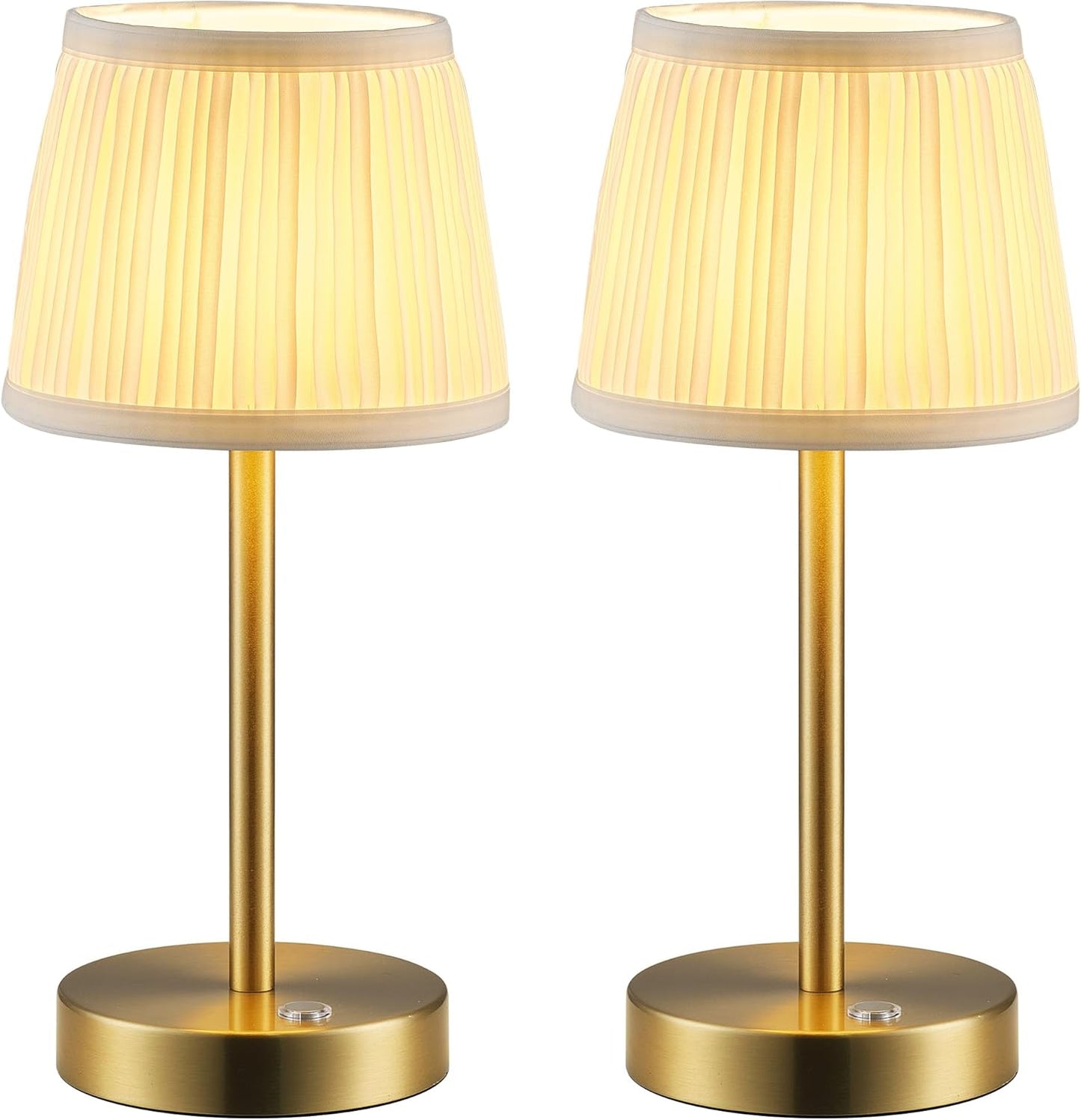 PUSU 2 Pack Cordless LED Gold Table Lamps, Rechargeable 4000mAh 3 Way Dimmable Bedside Small Lamp with Fabric Shade, Lighting for Bedroom, Kids Room, Bathroom, Kitchen, Decor, Gift, Night Light