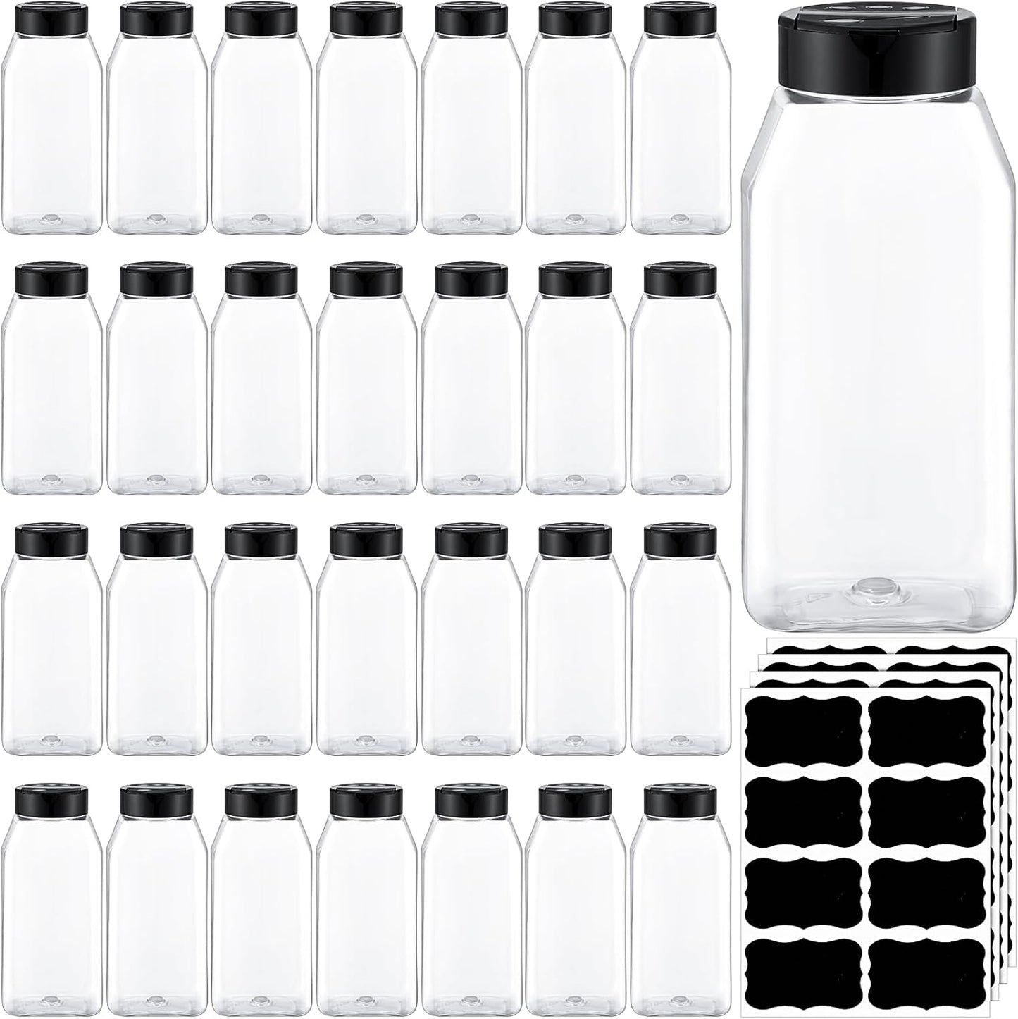 Mifoci 28 Pack 16 oz Plastic Spice Jars with Cap Square Plastic Bottle Containers with Shaker Lids and Stickers Large Seasoning Shaker Empty Powder Storage Container for Storing Salt Herbs (Black)