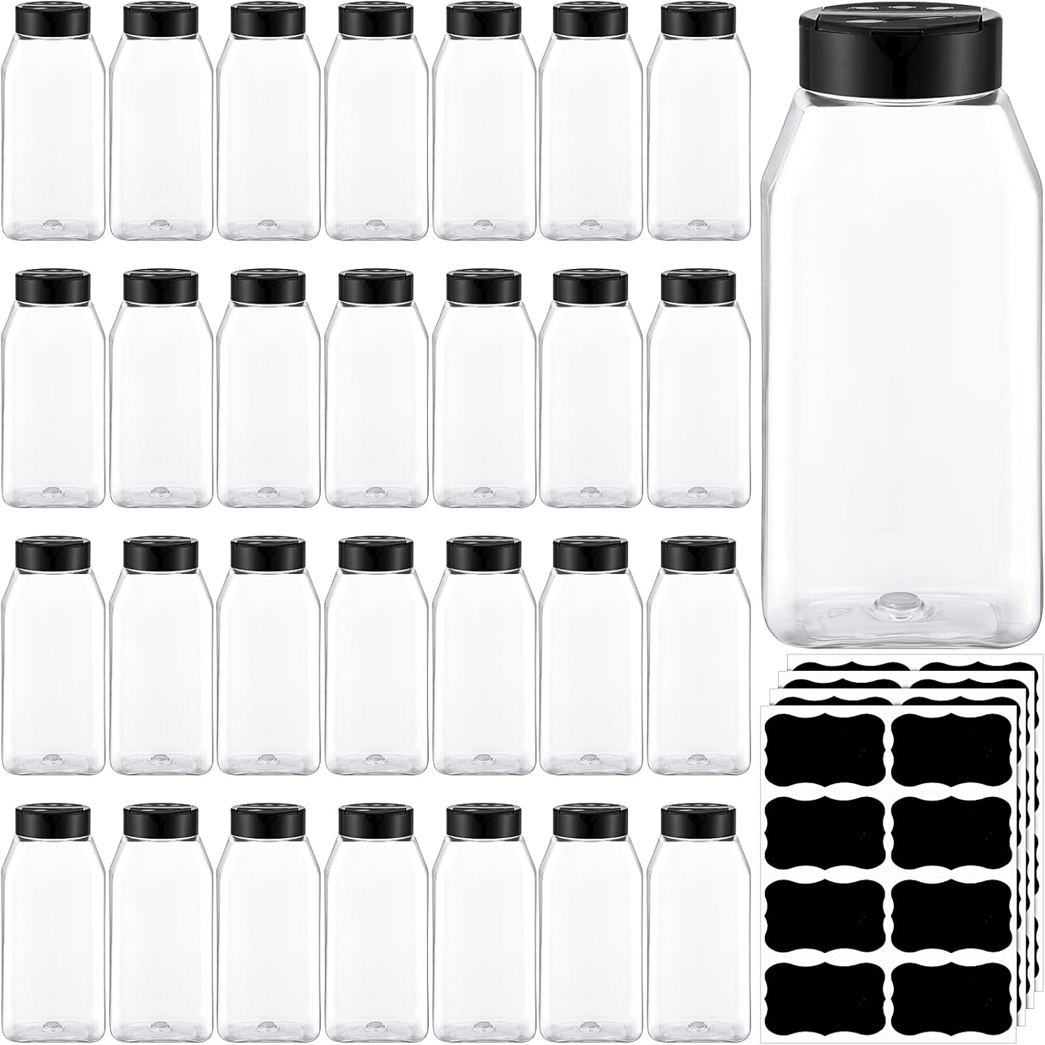 Mifoci 28 Pack 16 oz Plastic Spice Jars with Cap Square Plastic Bottle Containers with Shaker Lids and Stickers Large Seasoning Shaker Empty Powder Storage Container for Storing Salt Herbs (Black)
