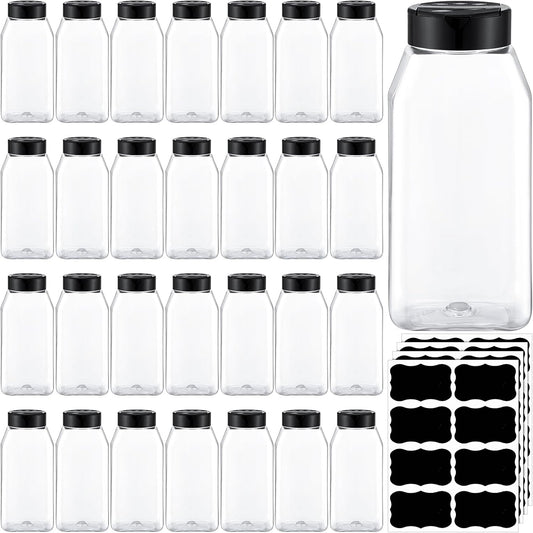 Mifoci 28 Pack 16 oz Plastic Spice Jars with Cap Square Plastic Bottle Containers with Shaker Lids and Stickers Large Seasoning Shaker Empty Powder Storage Container for Storing Salt Herbs (Black)