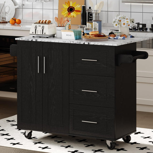 4 EVER WINNER Kitchen Island on Wheels with Storage and Drop Leaf, Marble Tabletop, Rolling Island with Towel Rack & Spice Rack, Portable Islands Table for Kitchen, Black