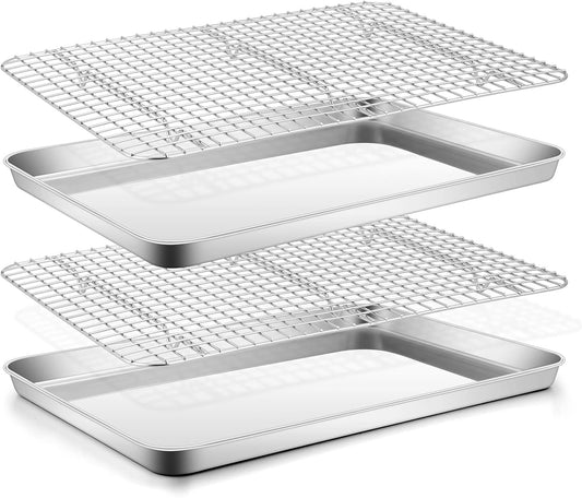 Stainless Steel Baking Sheet with Rack Set, E-far 16\u201Dx12\u201D Cookie Sheet Pan for Oven, Rimmed Metal Tray with Wire Cooling Rack for Cooking Roasting Resting Bacon Meat Steak - Dishwasher Safe