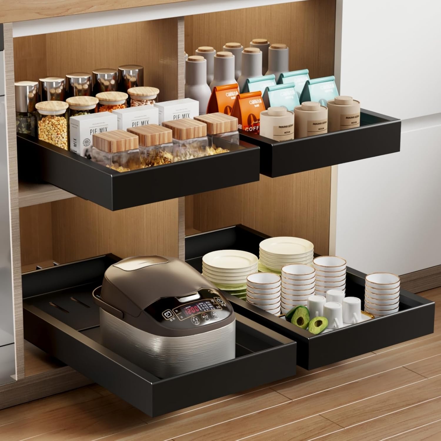 Mustorn 2 Pack Pull Out Cabinet Organizer,21.8" Deep Slide Out Drawer for Cabinets Adhesive Pull Out Drawers Heavy Duty Pull Out Shelves for Kitchen,Cupboard,Pantry,Bathroom-Black