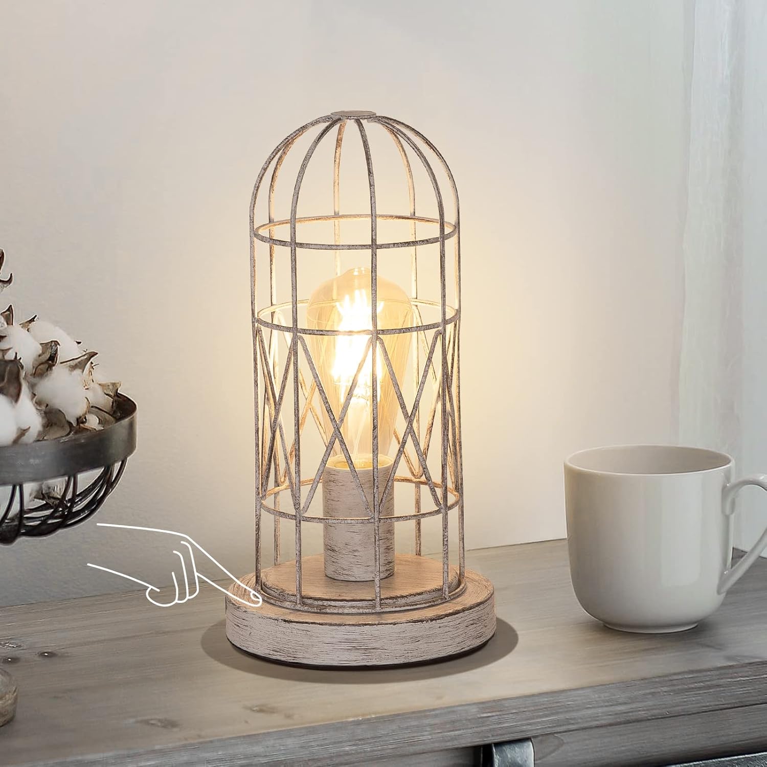 Small Table Lamp, Touch Control Table Lamp with Brushed White Oak Cage, Farmhouse Bedside Lamp 3-Way Dimmable Nightstand Lamp Edison Lamp for Bedroom, Living Room, Hallway, Kitchen, LED Bulb Included