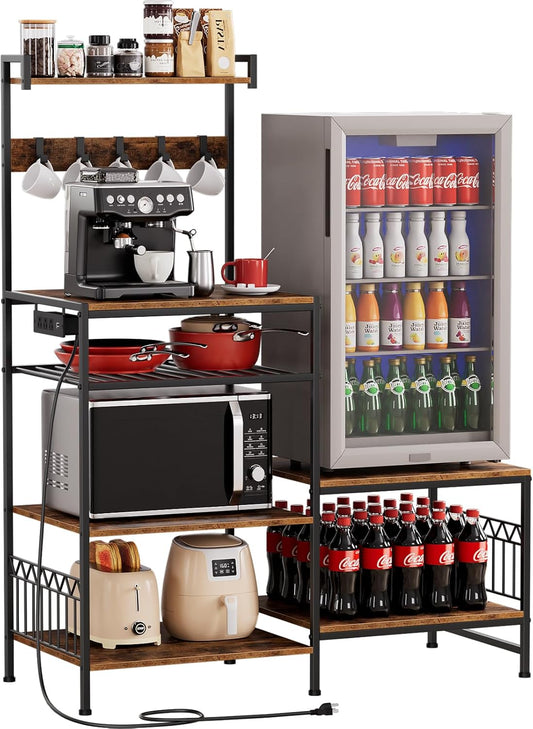 Portin Stand for Mini Fridge and Microwave Coffee Maker - Large Storage Capacity, with Power Outlet and S-Hooks, Kitchen Bakers Rack, Microwave Oven Stand, Coffee Bar(Woodgrain)