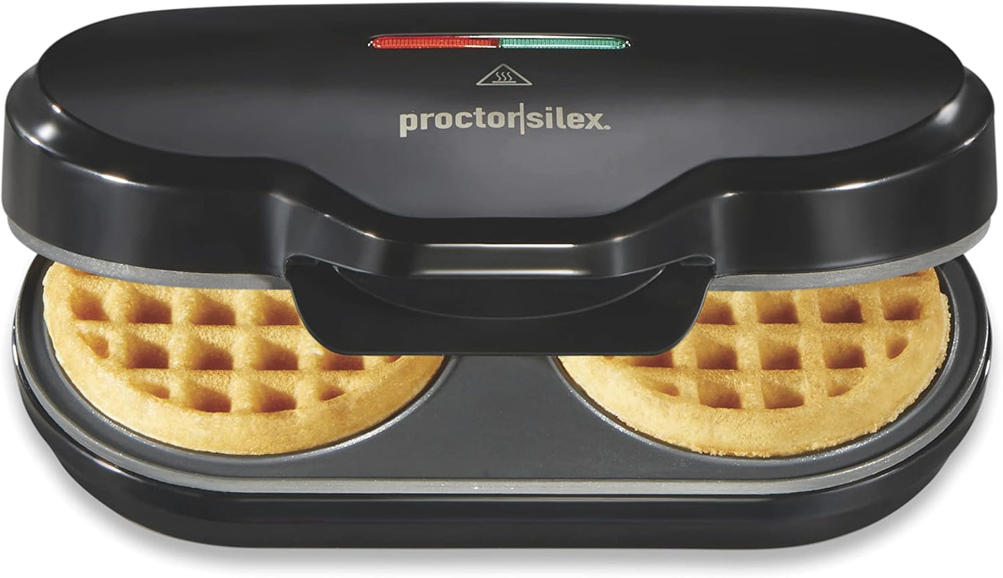 Proctor Silex Double Mini Waffle Maker Machine with 4\u201D Round Non-stick Grids, Makes 2 Personalized Individual Breakfast Keto Chaffles and Hashbrowns, Compact, Black (26102)