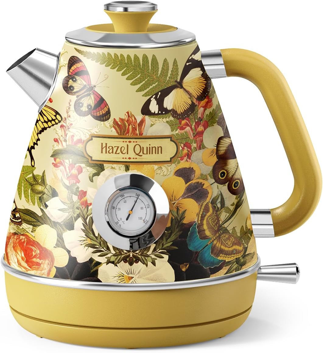 Hazel Quinn X Eduardo Recife Electric Kettle - 1200W Fast Water Boiling, 1.7L\/57oz, All 304 Stainless Steel Interior, BPA-Free, Auto Shut-Off, Cordless Retro Teapot with Thermometer - Floral Patterned