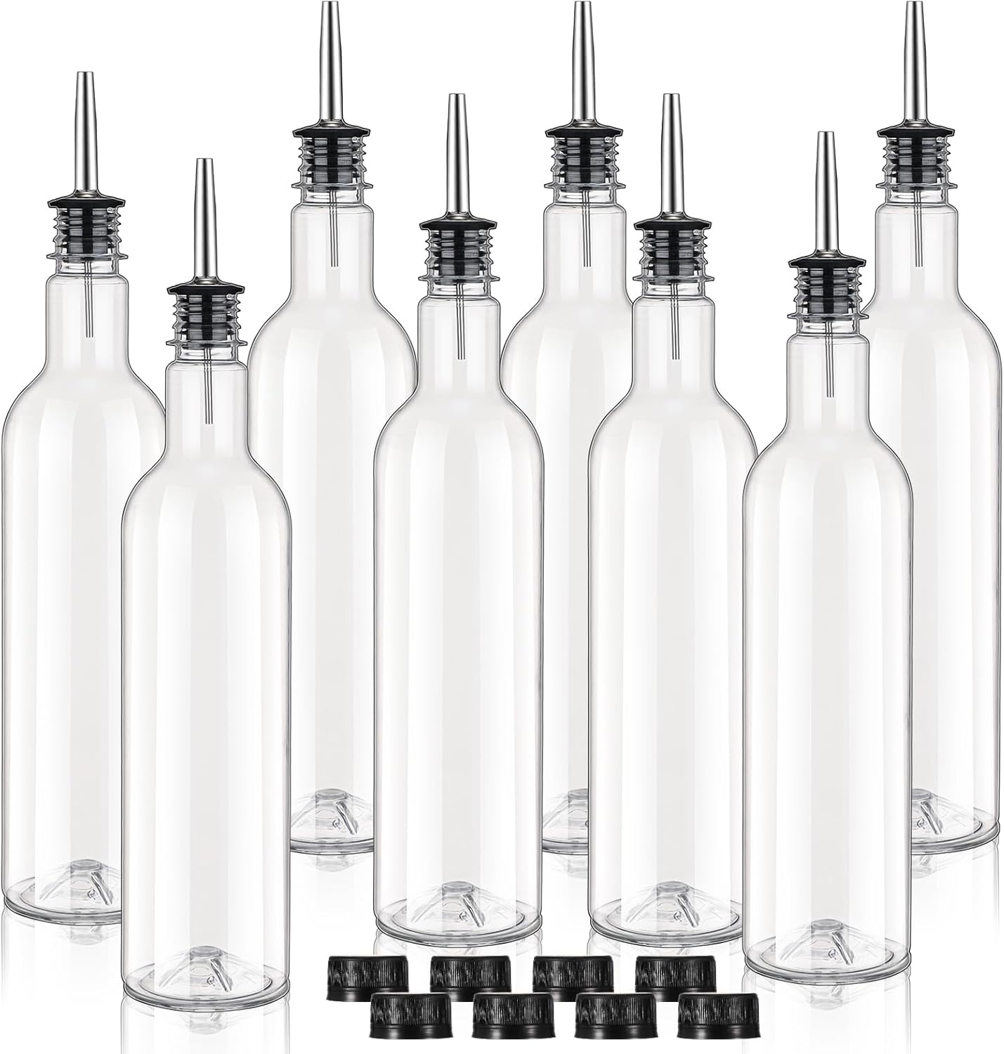 RimCereal 8 Pack 25 oz Plastic Long Neck Bottle with Stainless Steel Pourer and Cap Alcohol Juice Liquor Bottles Syrup Leakproof Tapered Spout Container for Home Bar Use Service Bartending Supplies