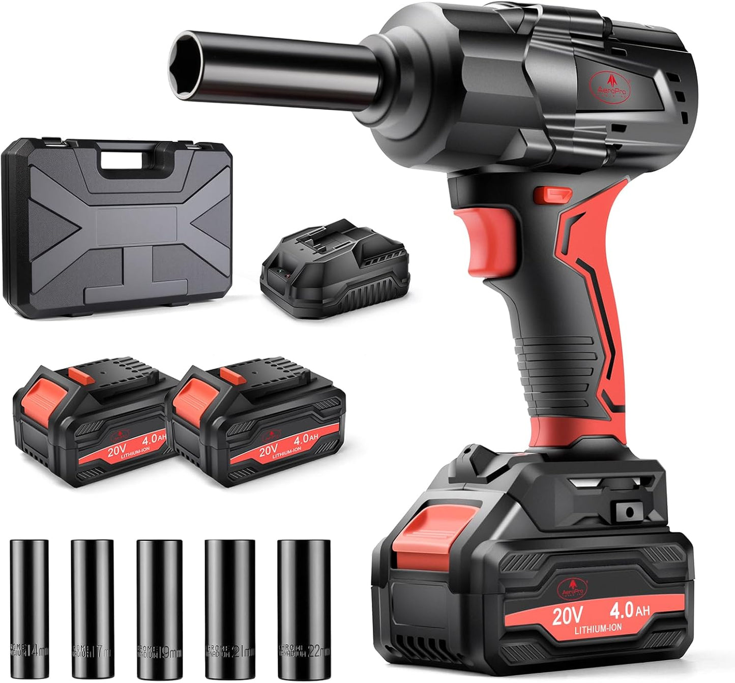 AEROPRO TOOLS Cordless Impact Wrench Kit, 1750N.m (1290Ft-lbs) High Torque 1\/2 Brushless Impact Gun, 20V Power Impact Driver, 2x 4.0Ah Battery, 5 Sockets, Electric Impact Driver for Car Truck RV