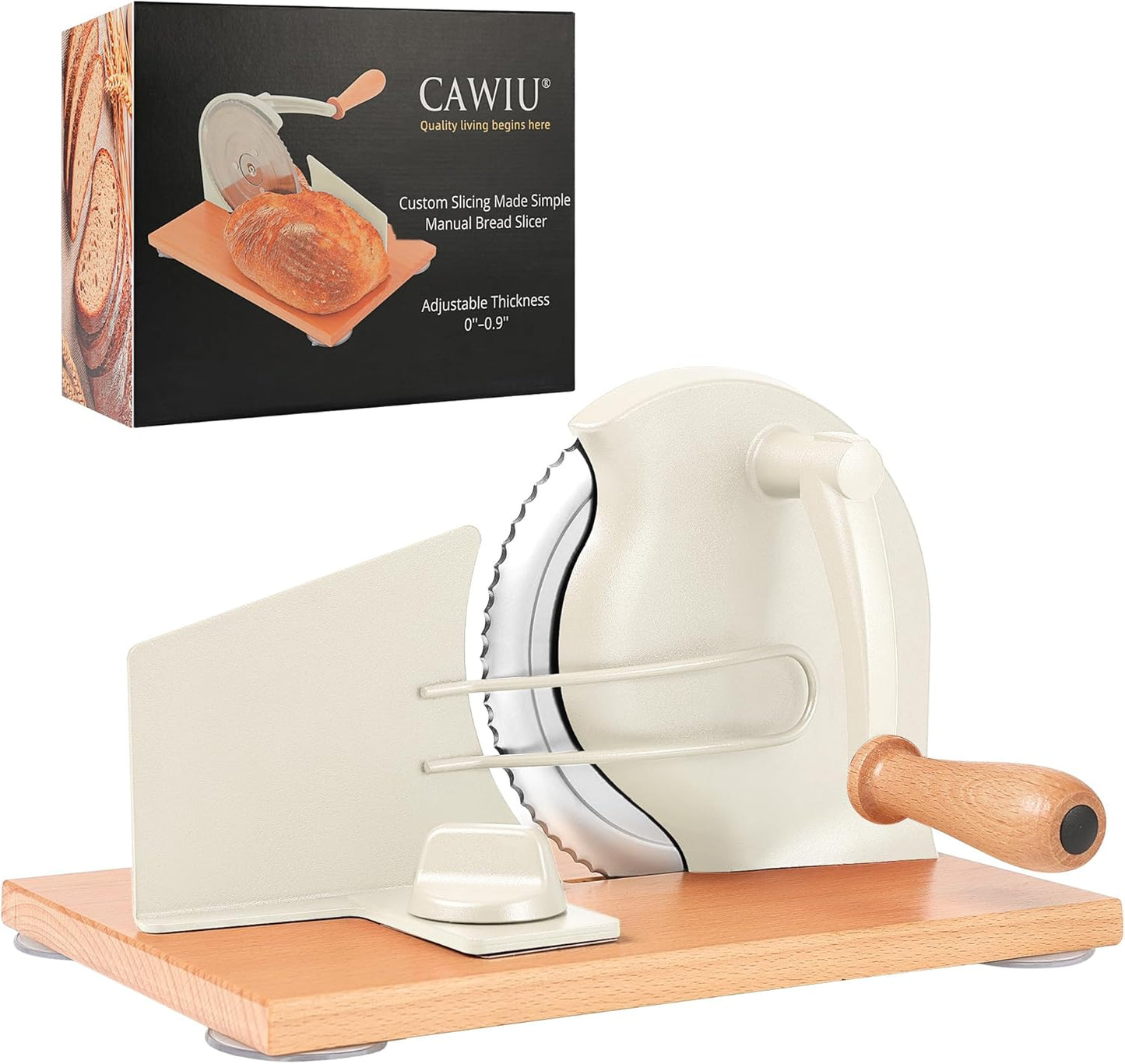 CAWIU Upgraded Manual Bread Slicer for Homemade Sourdough, Adjustable Thickness Hand Crank Bread Cutter with Stainless Steel Blade, Slicing Guide, Suction Cups & Protective Cover (Cream)