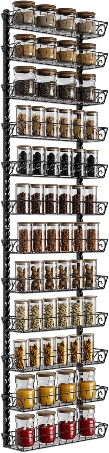 SWOMMOLY Adjustable Wall Mount Spice Rack Organizer, 12-Tier Dual-use (Multi-use) Hanging Spice Shelf Storage for Kitchen Pantry Cabinet Door, Seasoning Holder Organizer, Black