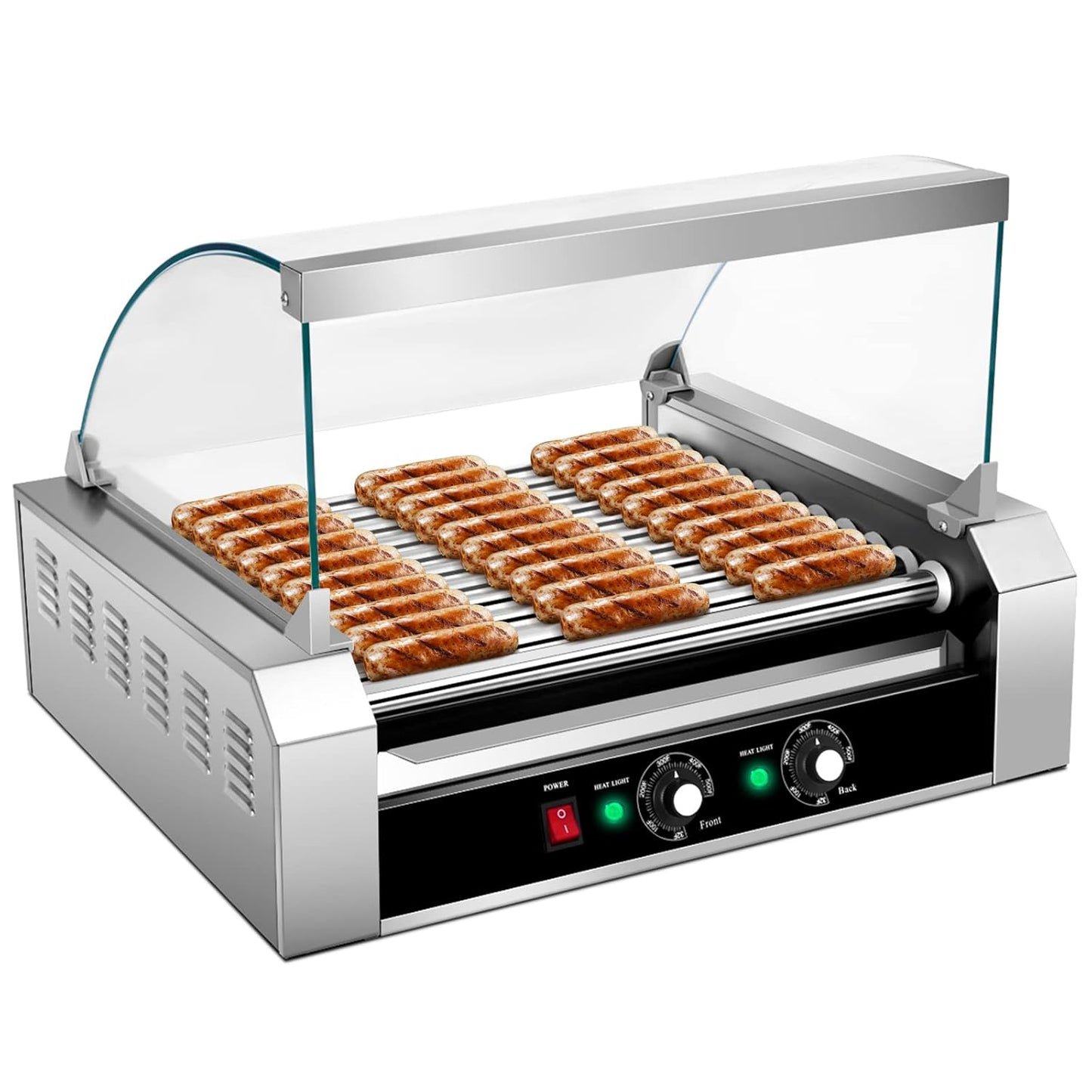LDAILY Hot Dog Roller, 11 Rollers 30 Hot Dogs Capacity with Dual Temp Control, Removable Stainless Steel Oil Drip Tray & Glass Hood Cover, Non-Stick Commercial & Household Sausage Grill Cooker Machine