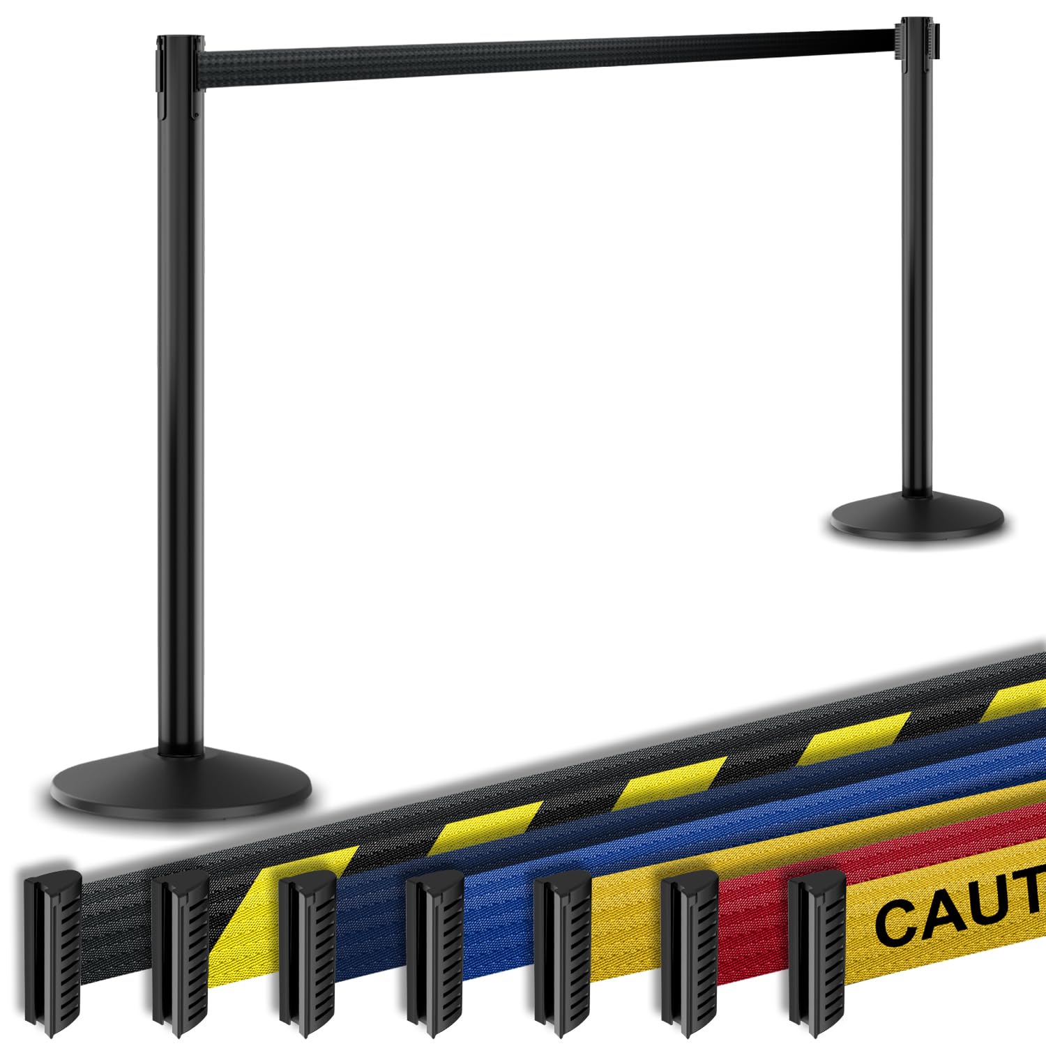 Commercial-Grade Retractable Belt Barrier 2pk by Visiontron, 40\u201D Tall Crowd Control Stanchion, 10\u2019 Long Belt\/Visiontron Prime Steel, Self-Straightening No-Tools Assembly, (VS Black Post w\/Black Belt)