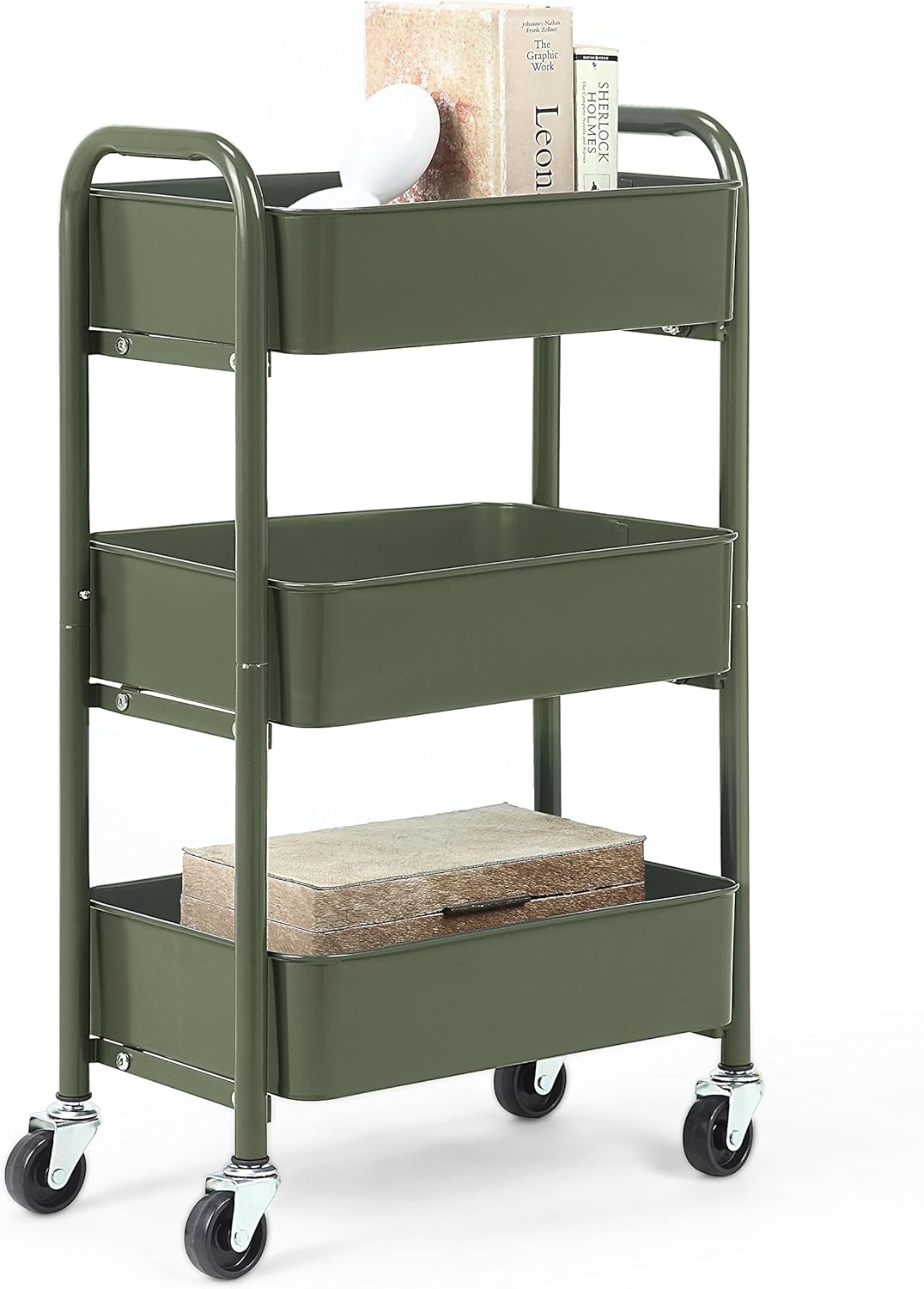 SunnyPoint 3-Tier Delicate Compact Rolling Metal Storage Organizer - Mobile Utility Cart Kitchen\/Under Desk Cart with Caster Wheels - Army (15.35" X 10.24" X 26.8"H)
