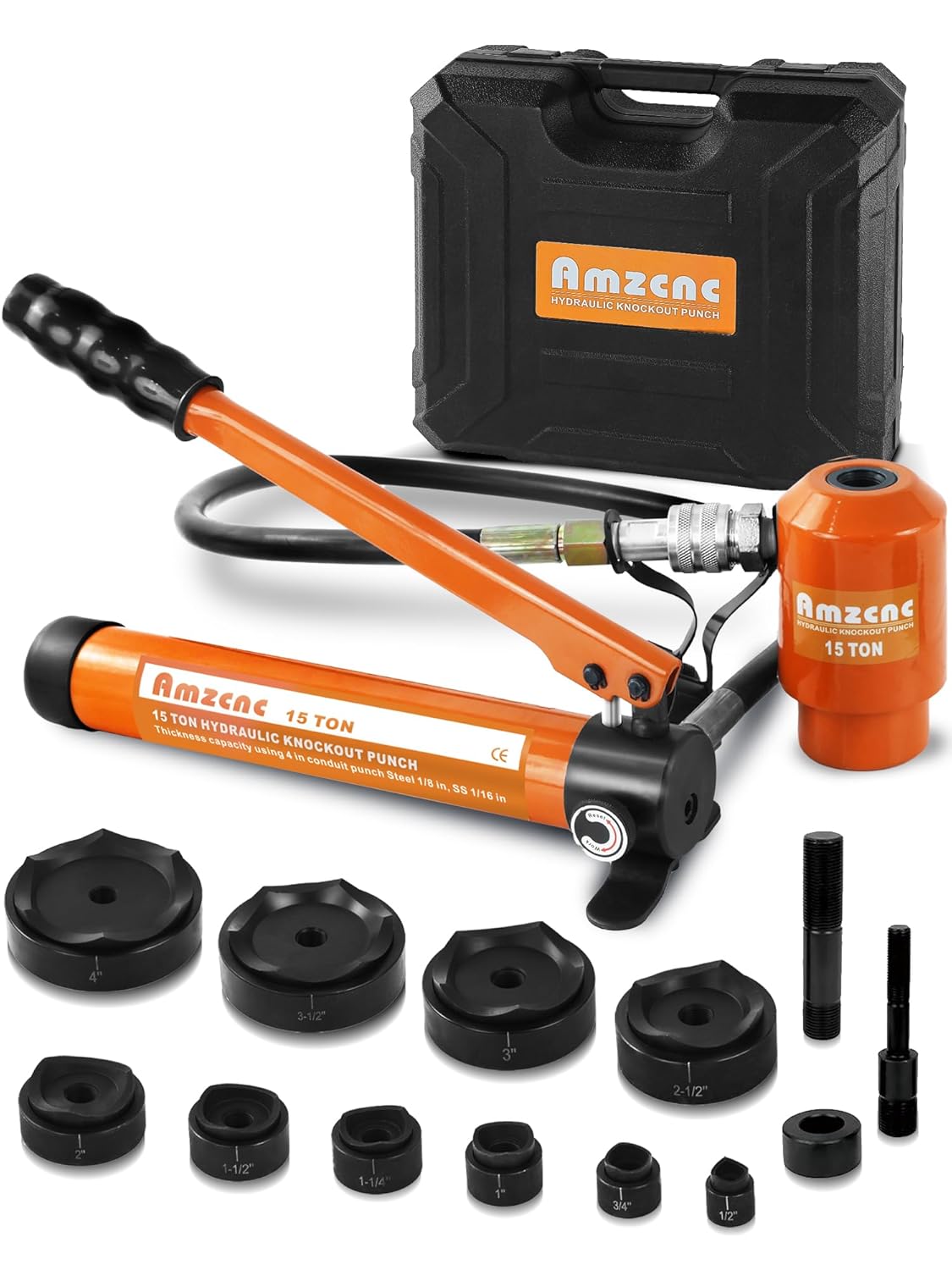 AMZCNC 15 Ton 1\/2 Inch to 4 Inch Hydraulic Punch Driver Kit Manual Hole Knockout Puncher Tool w\/ 10 Dies (15T(1\/2"~4"))