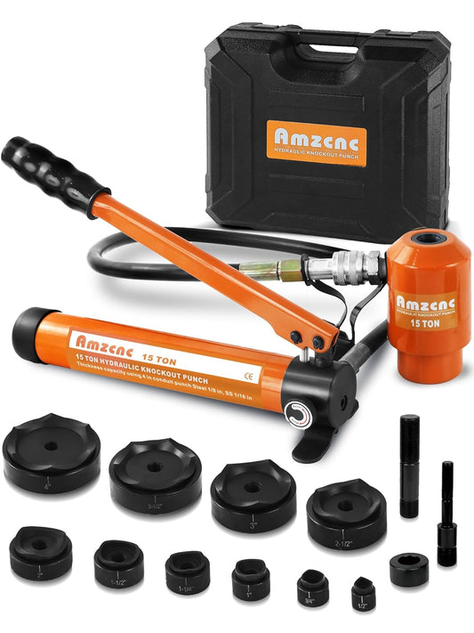 AMZCNC 15 Ton 1\/2 Inch to 4 Inch Hydraulic Punch Driver Kit Manual Hole Knockout Puncher Tool w\/ 10 Dies (15T(1\/2"~4"))