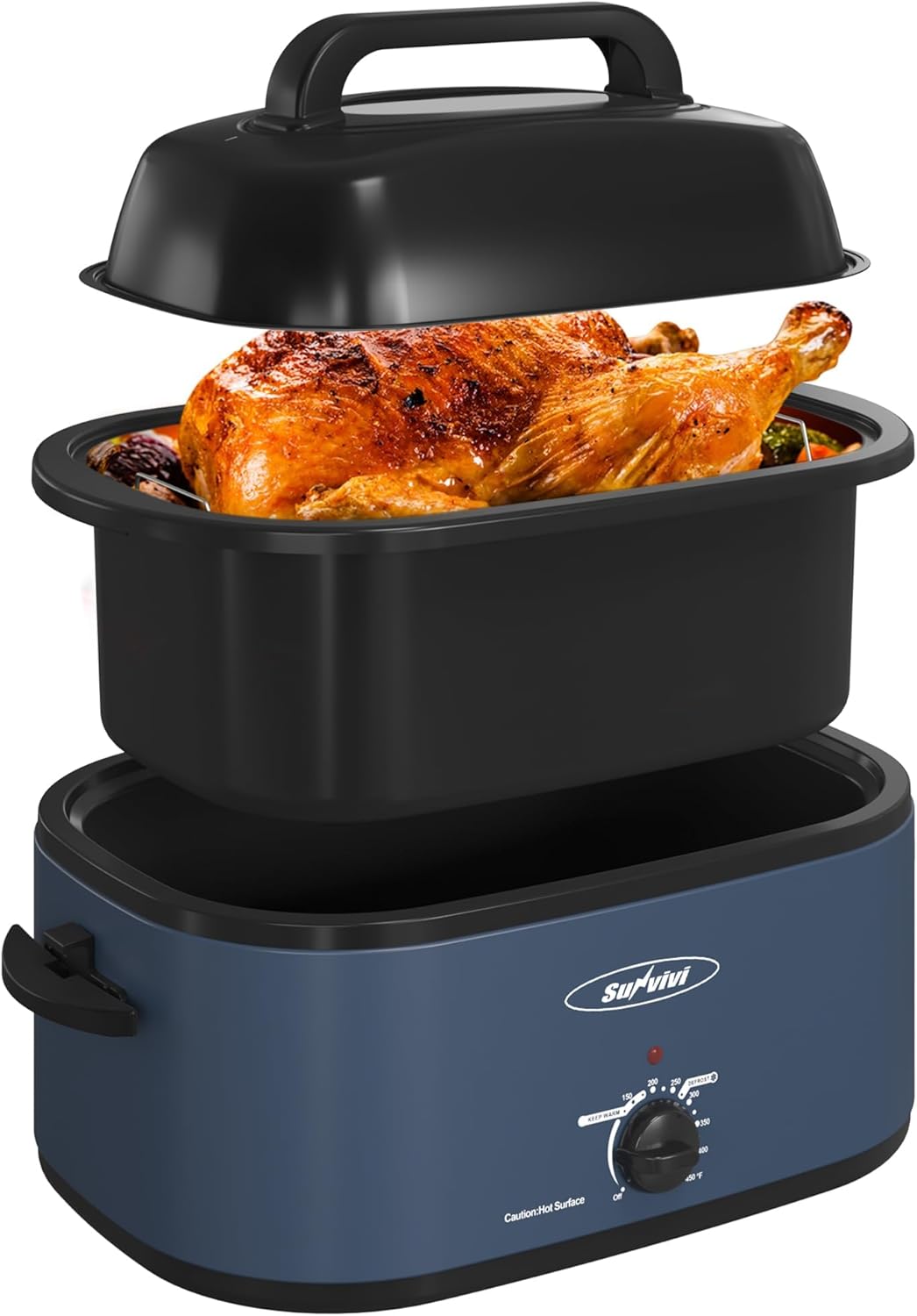 Sunvivi 22 Quart Electric Roaster Oven Turkey Roaster with Lid Electric Roasters with Removable Pan Large Roaster,Visible & Self-basting Lid, Fast Heating & Thaw\/warming Setting,Dark Blue