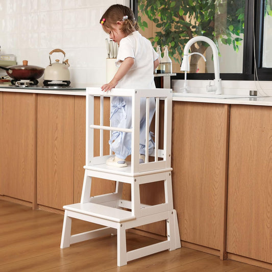 Kids Kitchen Step Stool, Ideal Toddler Learning Standing Tower, 2025 New Upgrade with an Anti-tip Structure and Anti-Drop Safety Bar, More Stable and Safer - White