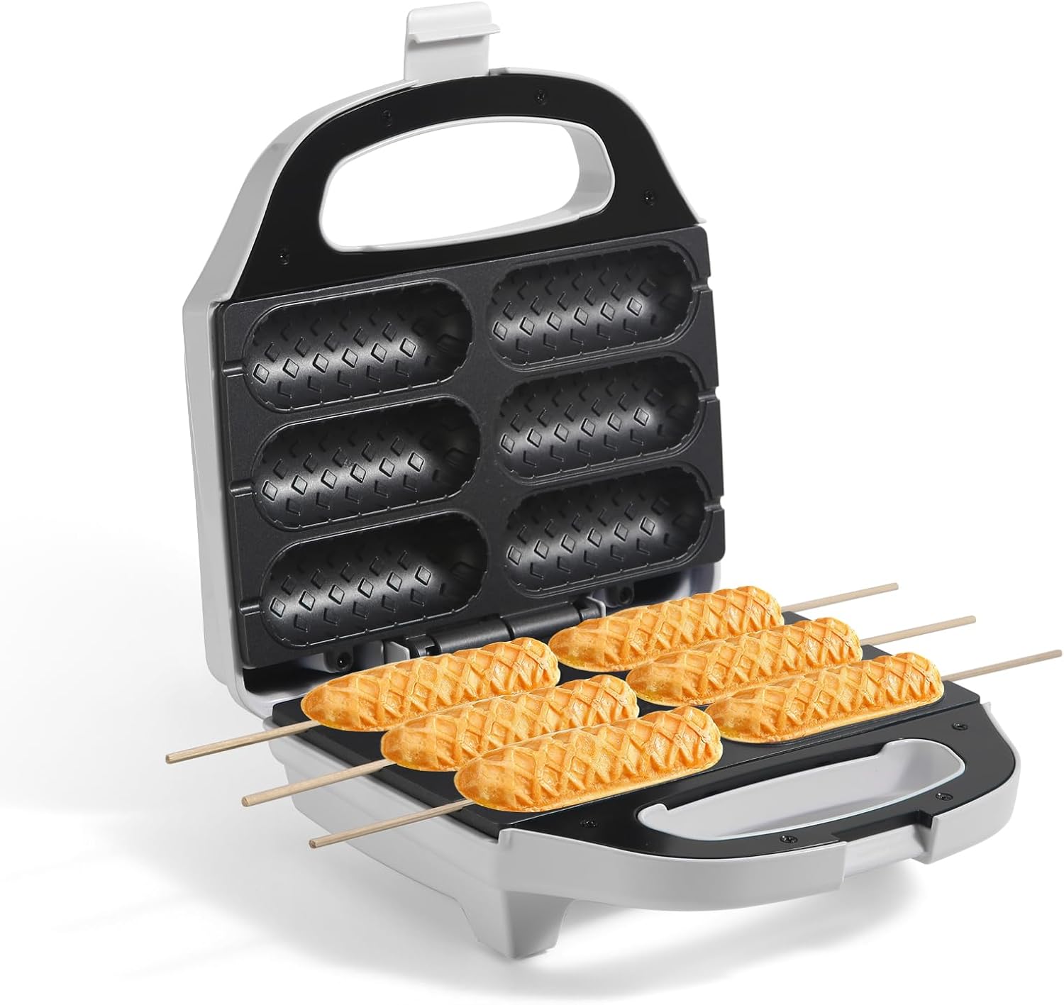 Corn Dog Waffle Maker, Hot Dog Waffle Machine with Non-stick Coating Plate, Hot Dog Maker Toaster Make 6 Corn Dogs, Corn Dog Waffle Machine Make Corn Dog in Minutes, Easy to Clean, White