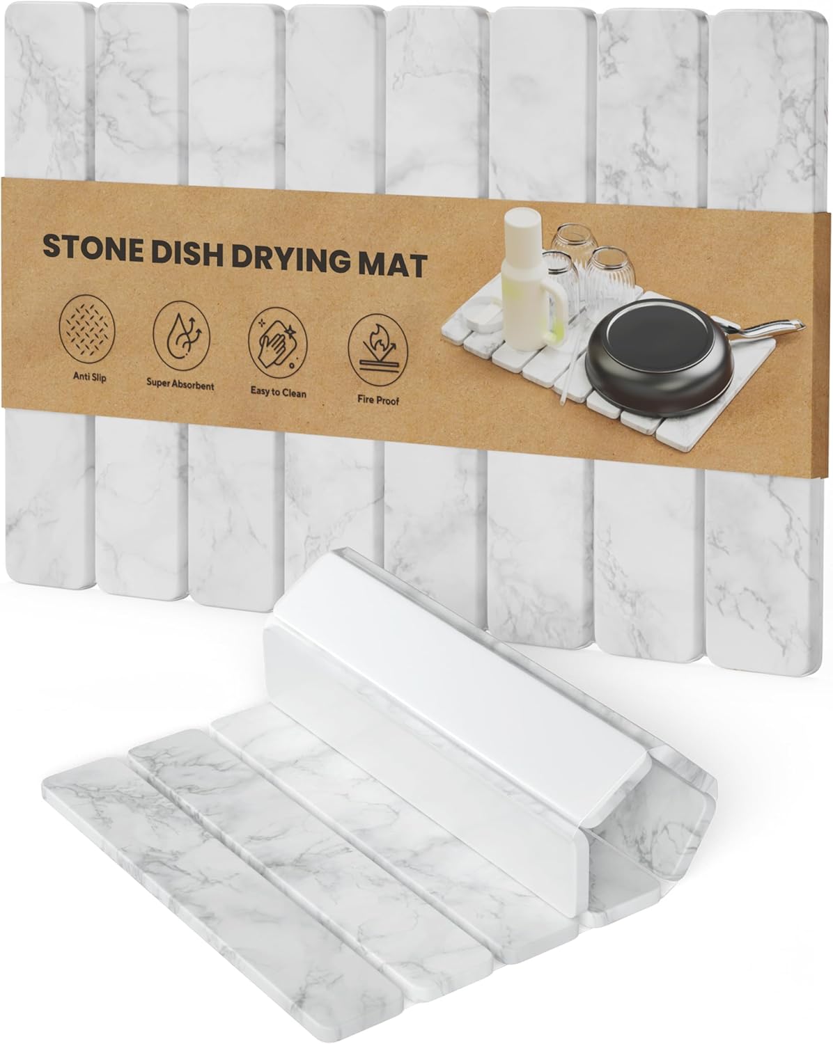 CHROME CLUB Stone Drying Mat for Kitchen Counter - Collapsible Diatomaceous Earth Dish Drying Stone - Fast Absorbent Stone Dish Drying Mat for Dishes and Pots (White Marble)