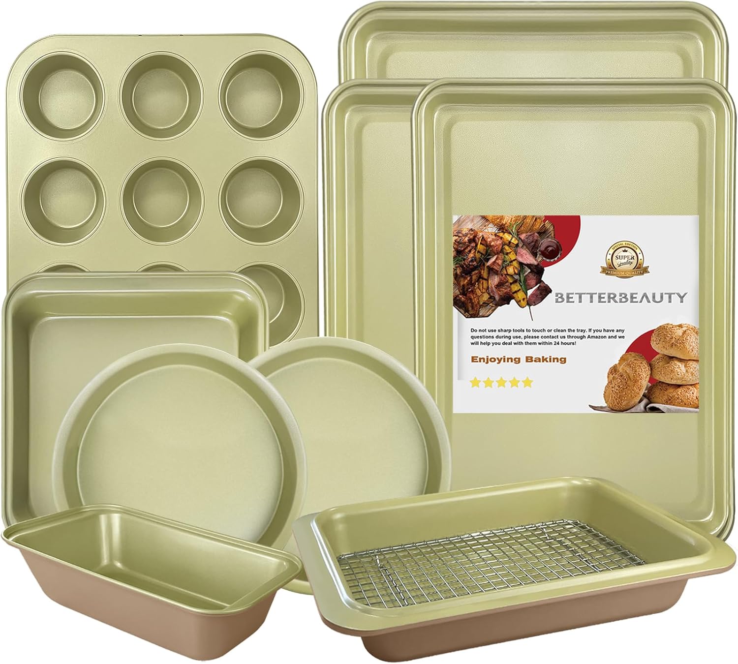 BETTERBEAUTY Nonstick Bakeware Set 10 Pcs, Professional Kitchen Bicolor Baking Pans Set with Cookie Sheets, Muffin Pan, Loaf Pan, Cake Pan and Cooling Rack, Dishwasher Safe, 0.8mm Thick, Heavy Duty