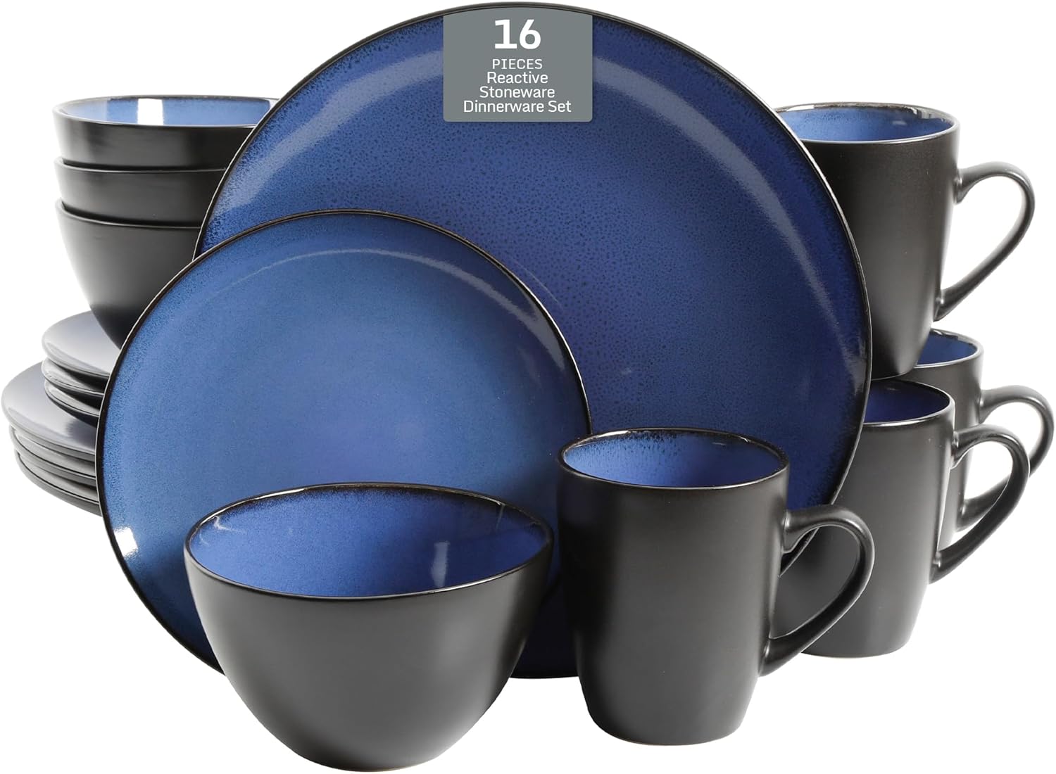 Gibson Elite Soho Lounge Round Reactive Glaze Stoneware Dinnerware Set, Service for 4 (16pc), Blue, Soho Round.