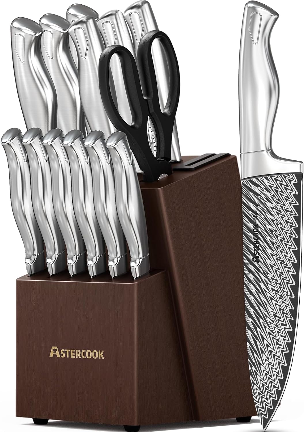 Knife Set, Astercook 15 Pieces Kitchen Knife Set with Built-in Sharpener, German Stainless Steel Knives Block Set, Dishwasher Safe, Full-tang Handle, Silver
