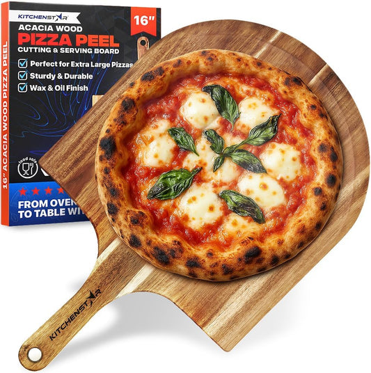KitchenStar 16-Inch Acacia Wood Pizza Peel \u2013 Extra Large Wooden Cutting & Serving Board with Handle \u2013 Natural Oil Finish \u2013 Ideal Pizza Oven Accessory for Easy Sliding & Prep