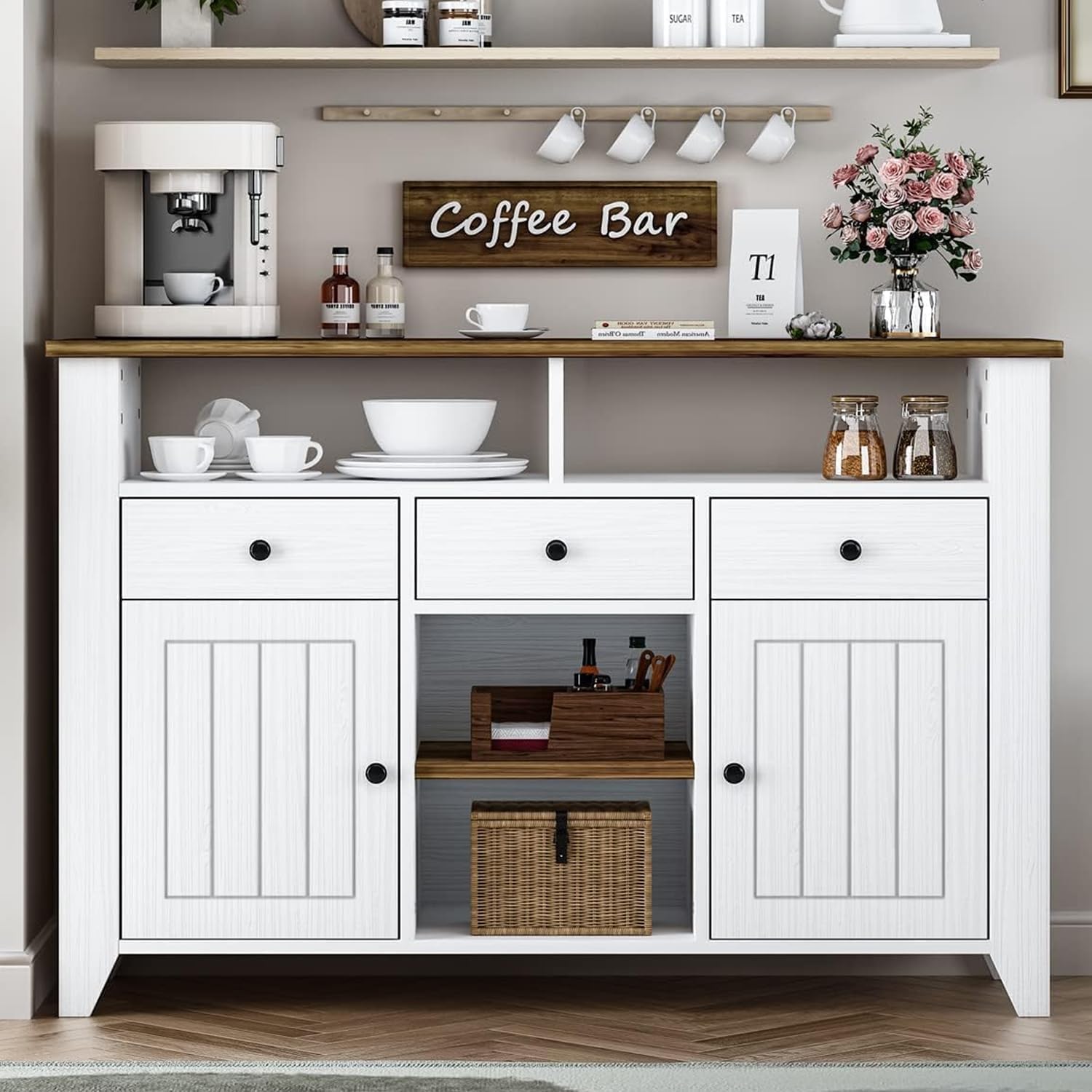 4ever2buy Farmhouse Coffee Bar Cabinet with Storage, 47 Inch Coffee Bar with 3 Drawers & 2 Doors, White Buffet Cabinet with Open Shelf, Kitchen Coffee Bar Cabinet for Living Dining Room
