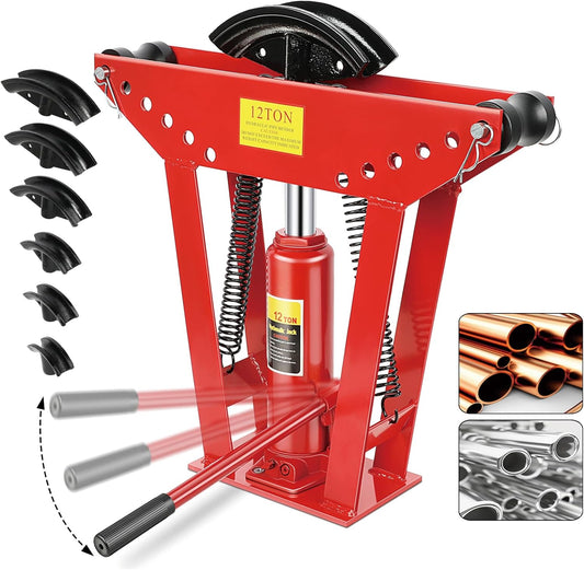 Hydraulic Pipe Bender, 12 Ton Manual Copper Pipe Bender, 90°-180° Adjustable Rollers Hydraulic Tubing Bender with 6 Dies for Steel Iron Metal Ratcheting