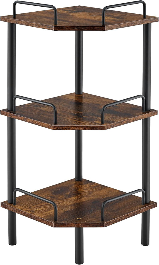 Tajsoon Corner Shelf Stand, 3 Tier Industrial Corner Shelves, Multipurpose Standing Display Shelf, Corner Shelving Unit for Bedroom, Living Room, Office, Kitchen, Rustic Brown