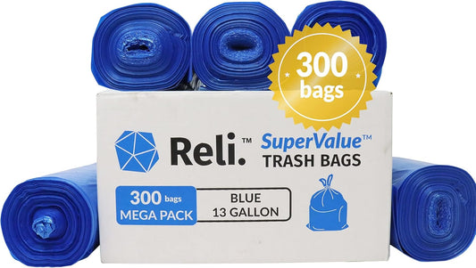 Reli. SuperValue 13 Gallon Recycling Bags | 300 Count | Tall Kitchen | Blue Trash Bags