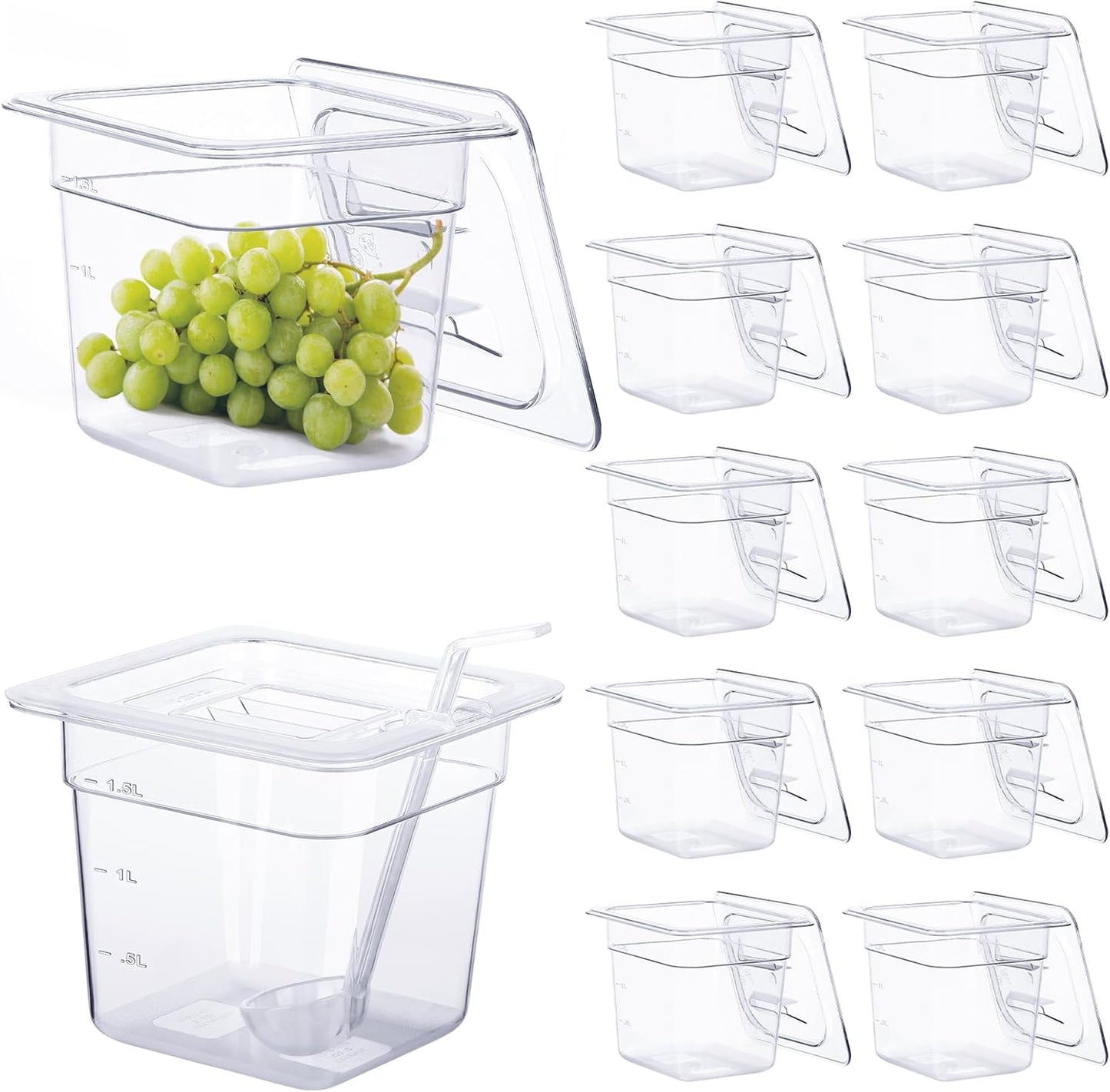 PYQTH 12 Pack Plastic Food Pan with Lids 1\/6 Size 6'' Deep Restaurant Food Containers Stackable Clear Polycarbonate Commercial Hotel Pans with 1 Plastic Spoon for Fruits Vegetables