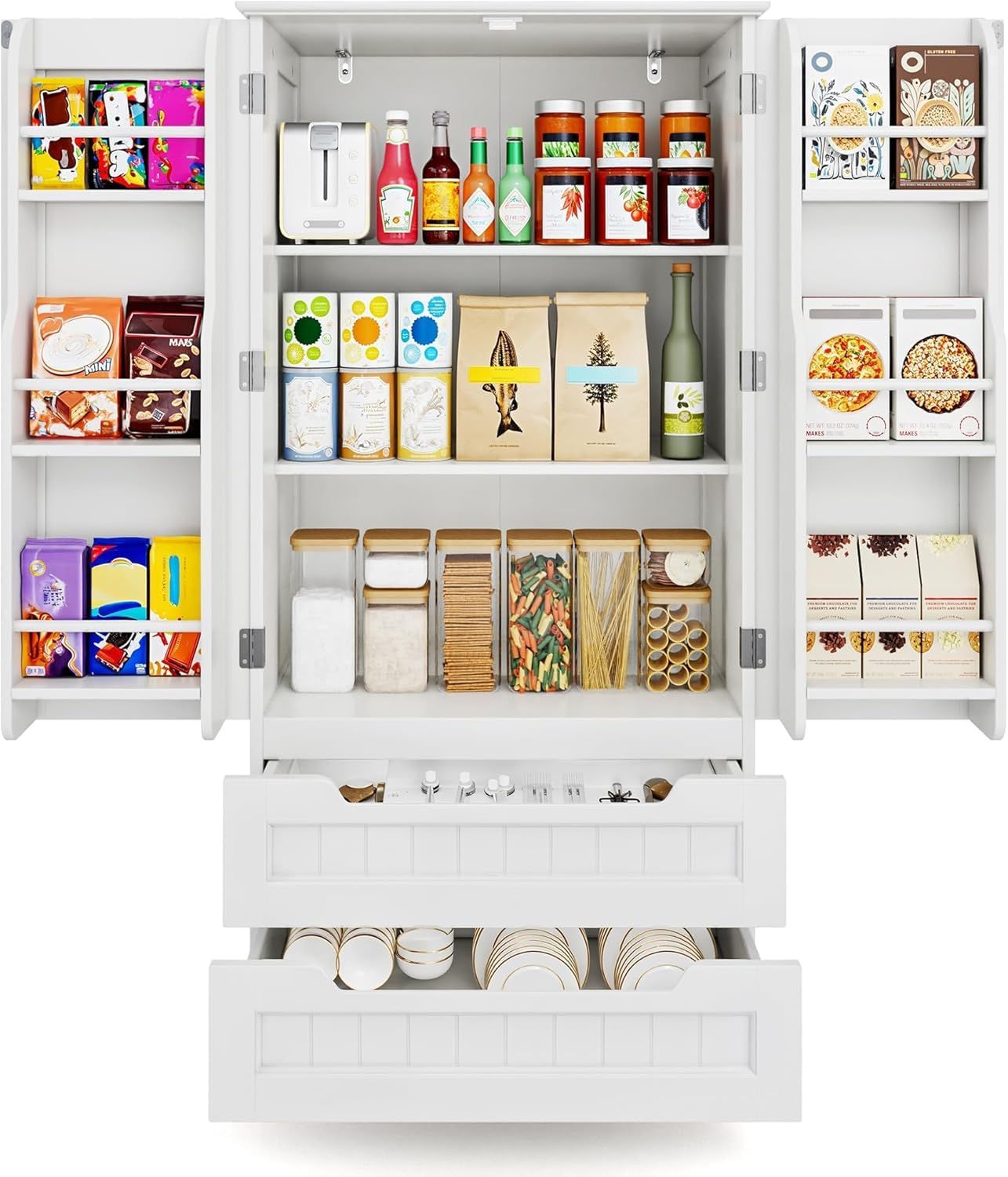 Gizoon Kitchen Pantry Storage Cabinet with Drawers Freestanding Bathroom Storage Cabinets with Doors and Shelves, 47" Small Food Pantry Cabinet for Dining Room Craft Room, White