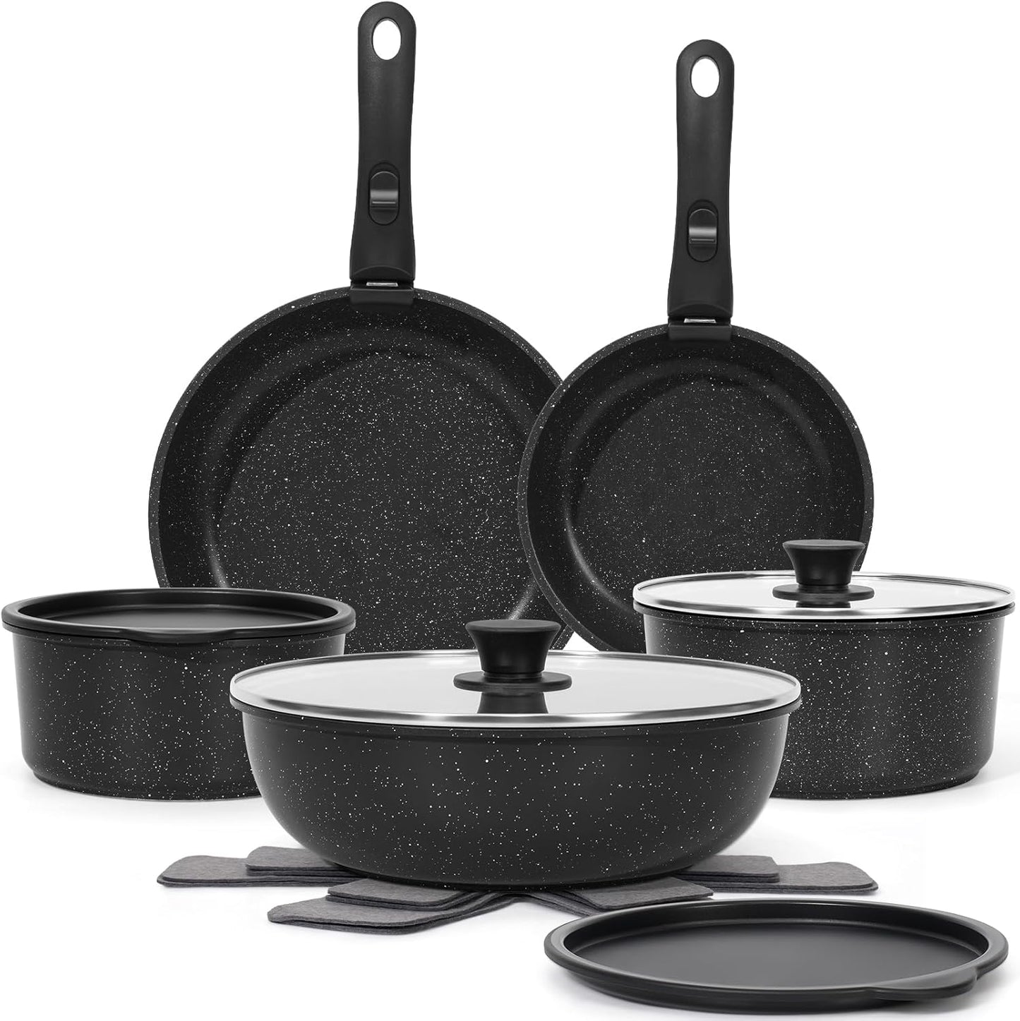 SODAY 15Pcs Pots and Pans Set Non Stick, Cookware Sets with Detachable Handle, Nonstick RV Kitchen Cooking Tools Removable Handles, Oven Safe, Induction Fast, Stackable Induction Cookware,Black