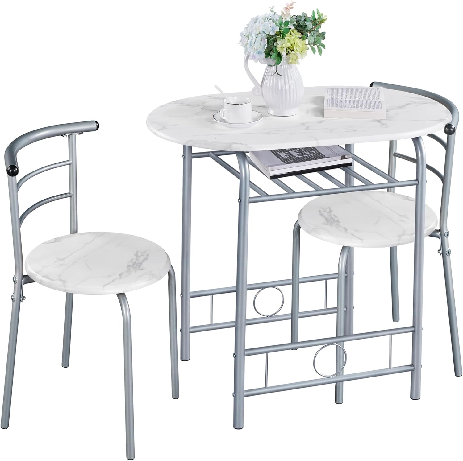 Yaheetech 3-Piece Dining Table Set, Breakfast Bistro Table Set for 2, Small Kitchen and Table Chairs Set of 2 with Metal Frame and Storage Rack for Small Space\/Apartment\/Dorm Room, White