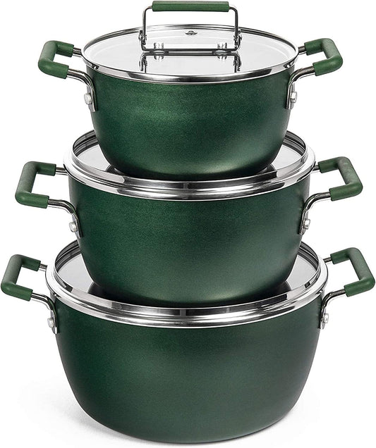Granitestone Green Pots and Pans Set Nonstick, 6 Stackable Piece Cooking Pots Set, Kitchen Pots, Non Stick Coating, 5qt 3qt & 1.5qt Pots with Lids, Stay Cool Handles Dishwasher Safe 100% Toxin Free
