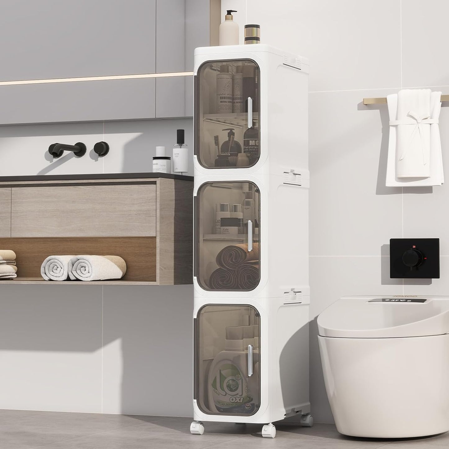 KHNR 3-Tiers Slim Bathroom Storage Cabinet, Foldable Storage Cabinets,Narrow Bathroom Storage,Movable Bathroom Storage Organizer for Small Spaces,Bathroom,Kitchen,Laundry,White