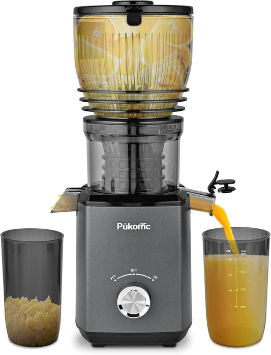 Pukomc Cold Press Juicer,5.8" Wide Feed Chute Juice Extractor Machine with 300W,Slow Masticating Juicer for Whole Vegetables & Fruits,High Juice Yield,Easy to Clean,Grey