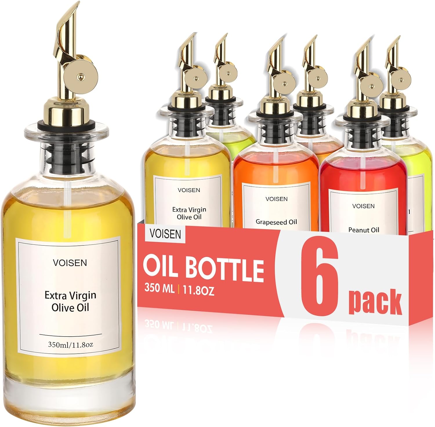 VOISEN Olive Oil Dispenser Bottle for Kitchen, Glass Oil Bottle Set of 6, Coffee Syrup Dispenser,Glass Oil Container with Metal Pourer,Funnel,56 Waterproof Labels