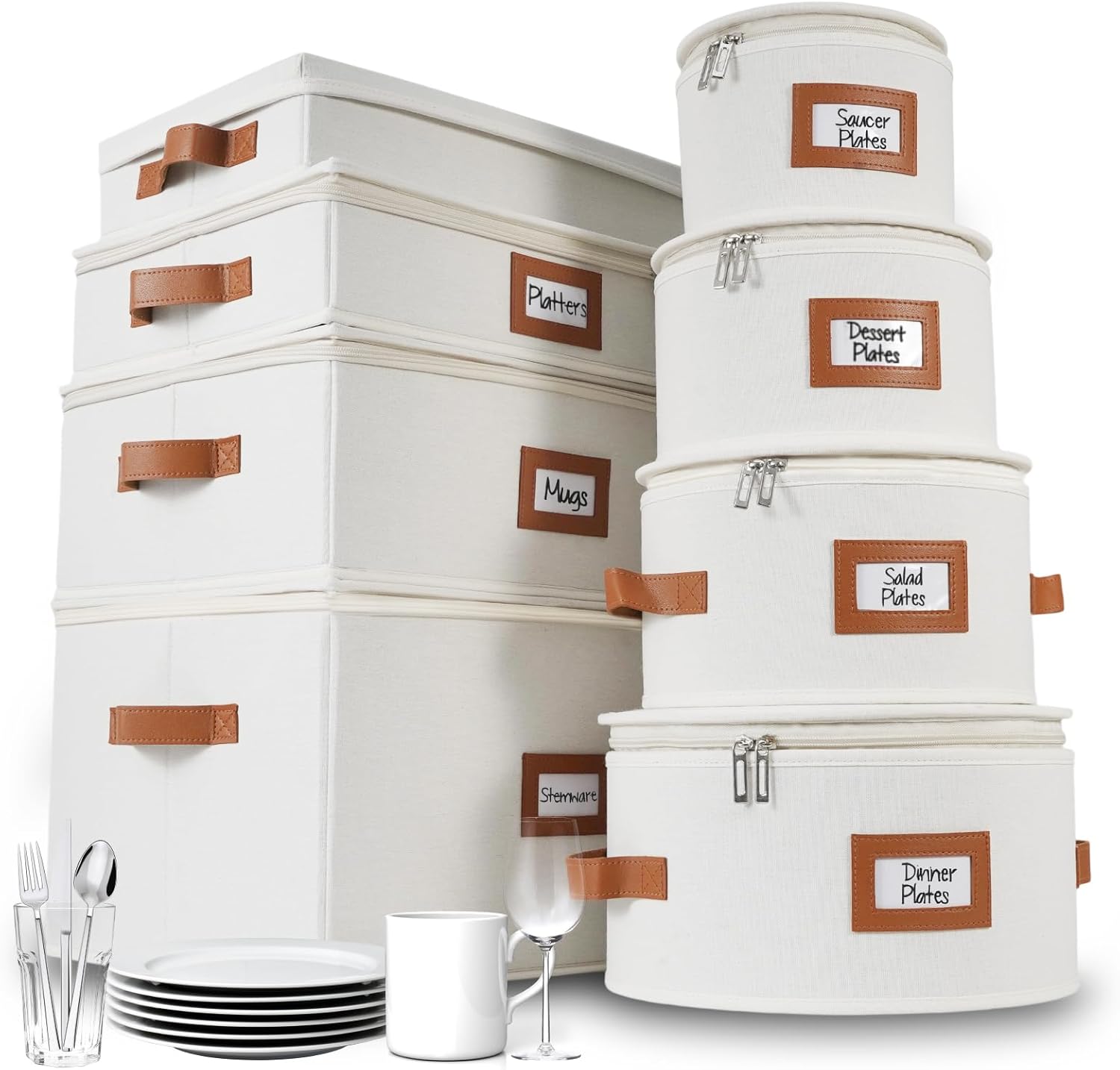 HOMELUX THEORY Hard Shell China Storage Containers, 8pc Ivory Mug & Plate Storage Box, Kitchen Storage Bins W\/Lids, Heavy Duty Moving Box with Handles for Dishes, Glassware, Silverware, Cup & Mug