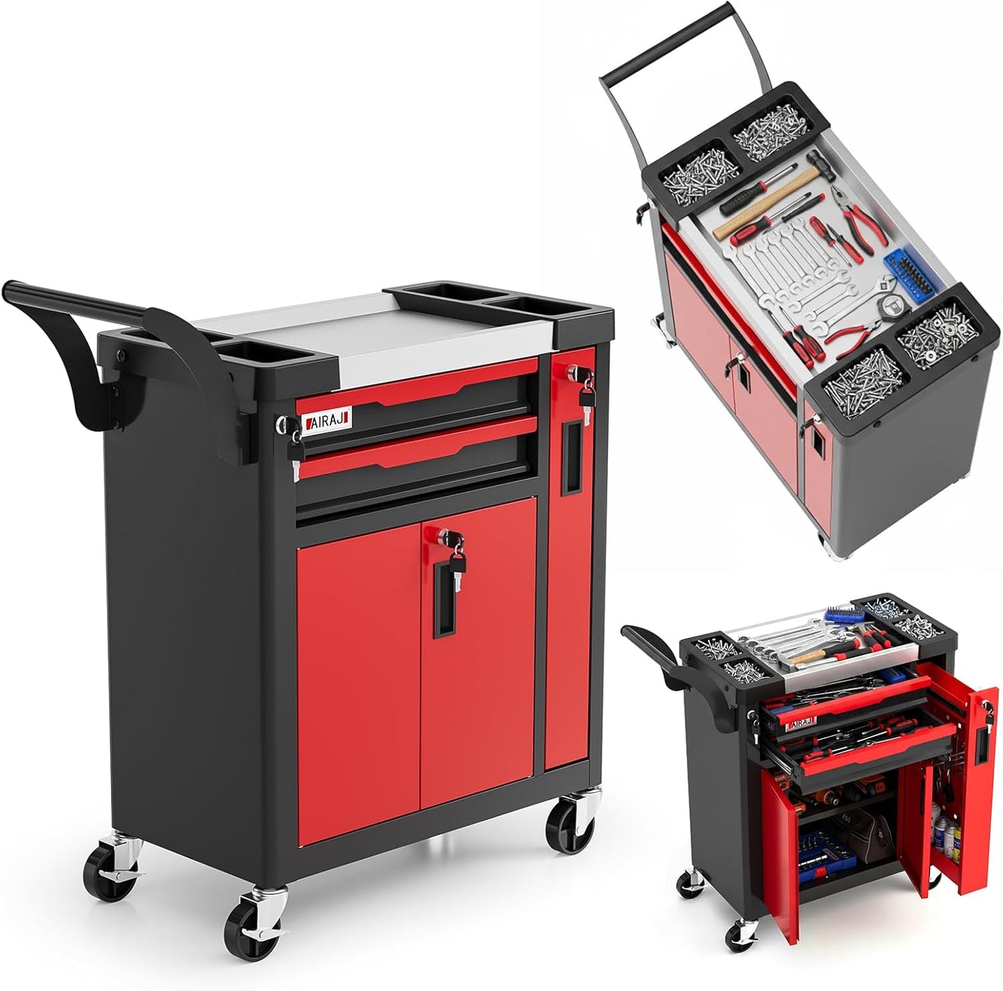 Tool Chest 2-Drawer | Large Capacity Rolling Tool Chest with Wheels/Side Drawer | Drawer Integrated Lockable | Tool Cart/Cabinet for Garage Storage,Workshop | Safety Rounded Corner Anti-collision |Red