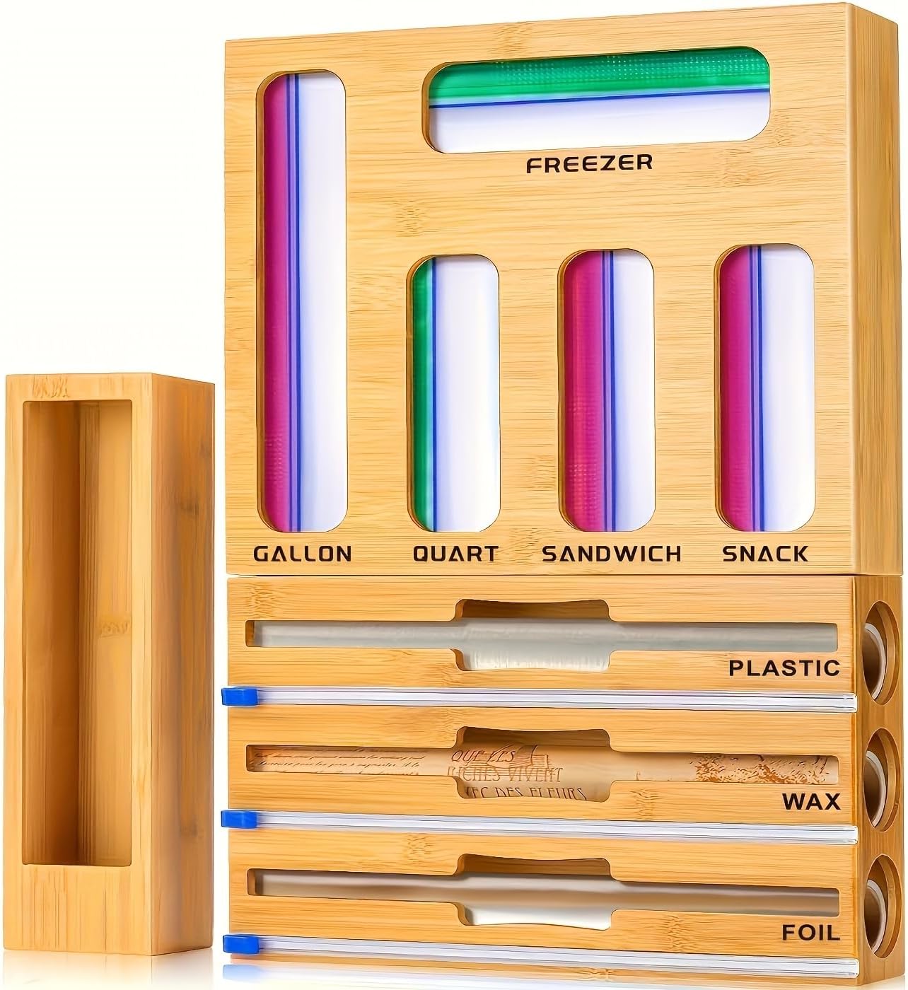 LDQ 9-in-1 Shatterproof Square Bamboo Storage Box - Aluminum Foil Dispensr with Cutter, Reusable Quarter Multi-Functional Sealed Bag Organizer for Kitchen Drawers, Walls, and Cabinetse