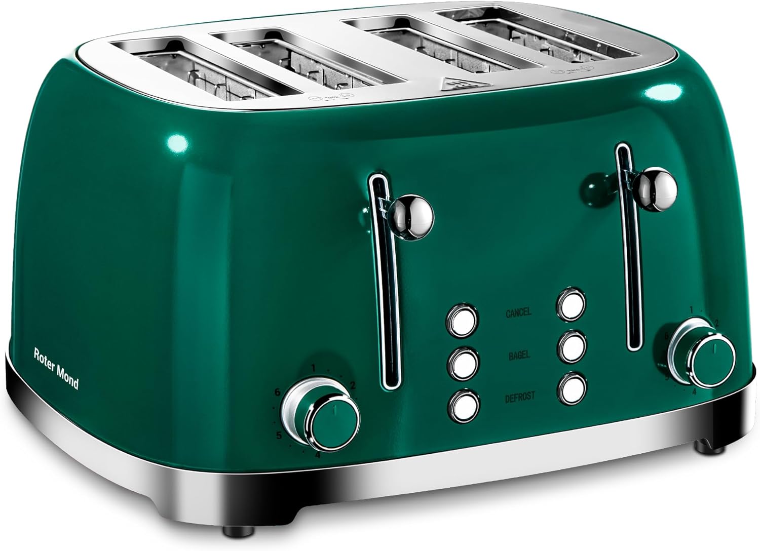 Roter Mond 4 Slice Toaster Retro Stainless Steel with Bagel Defrost Cancel Function, 6 Browning Settings, Extre Wide Slot and Removable Crumb Tray, Green, ST033