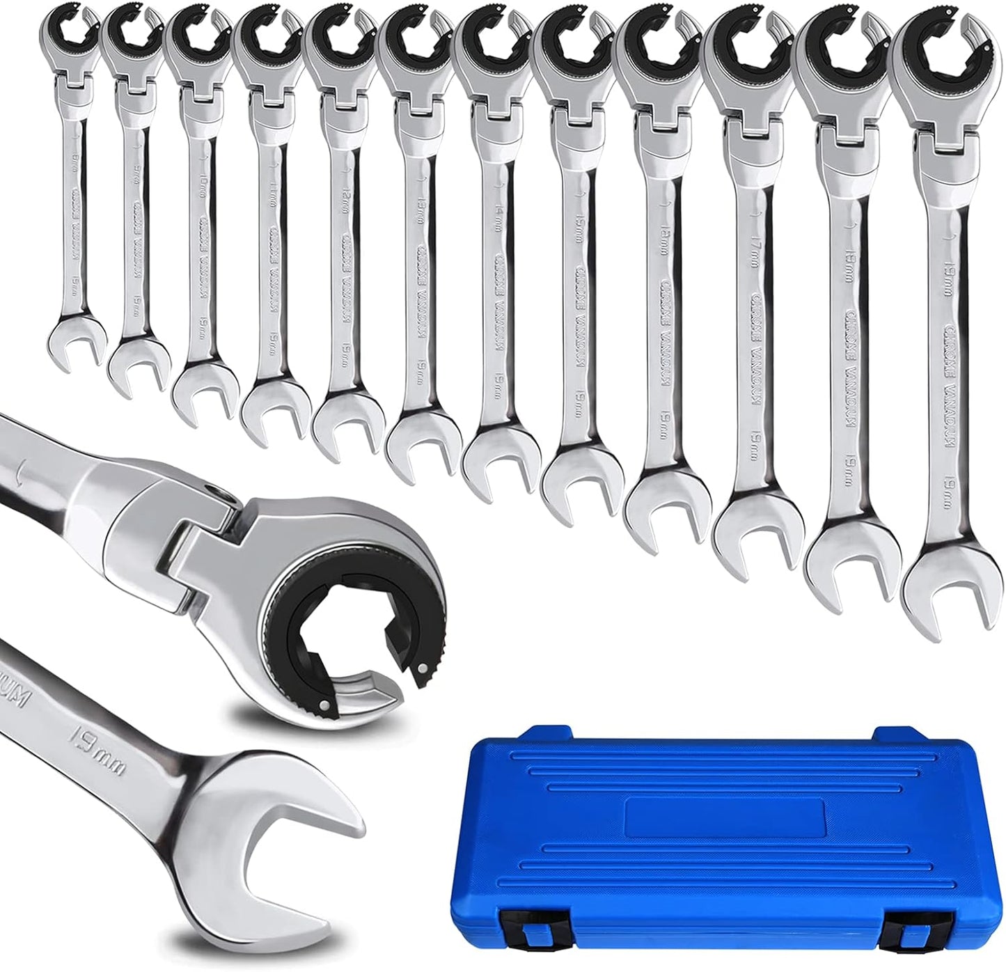 LOSCHEN Metric Open Flex-Head Ratcheting Wrench Combination 12 Pcs\/set 8-19mm, Metric Spanner with 72 Teeth, Chrome Vanadium Steel Tubing Ratchet （US and European Patents）