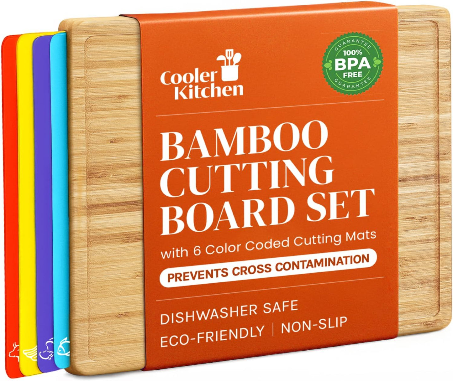 Cutting Boards for Kitchen \u2013 Bamboo Cutting Board Set with 6 Color-Coded Flexible Chopping Mats, Easy Clean Wood and Dishwasher-Safe Plastic, Large 17×12, Knife-Friendly by Cooler Kitchen